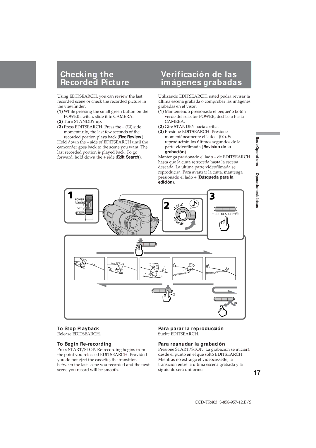 Sony CCD-TR403 To Stop Playback, To Begin Re-recording, Para parar la reproducción, Para reanudar la grabación 