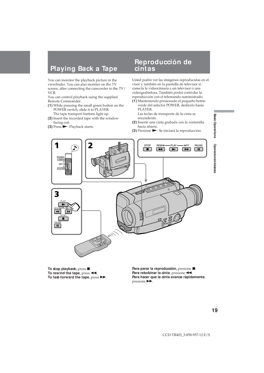 Sony CCD-TR403 operating instructions Playing Back a Tape, Reproducción de cintas 