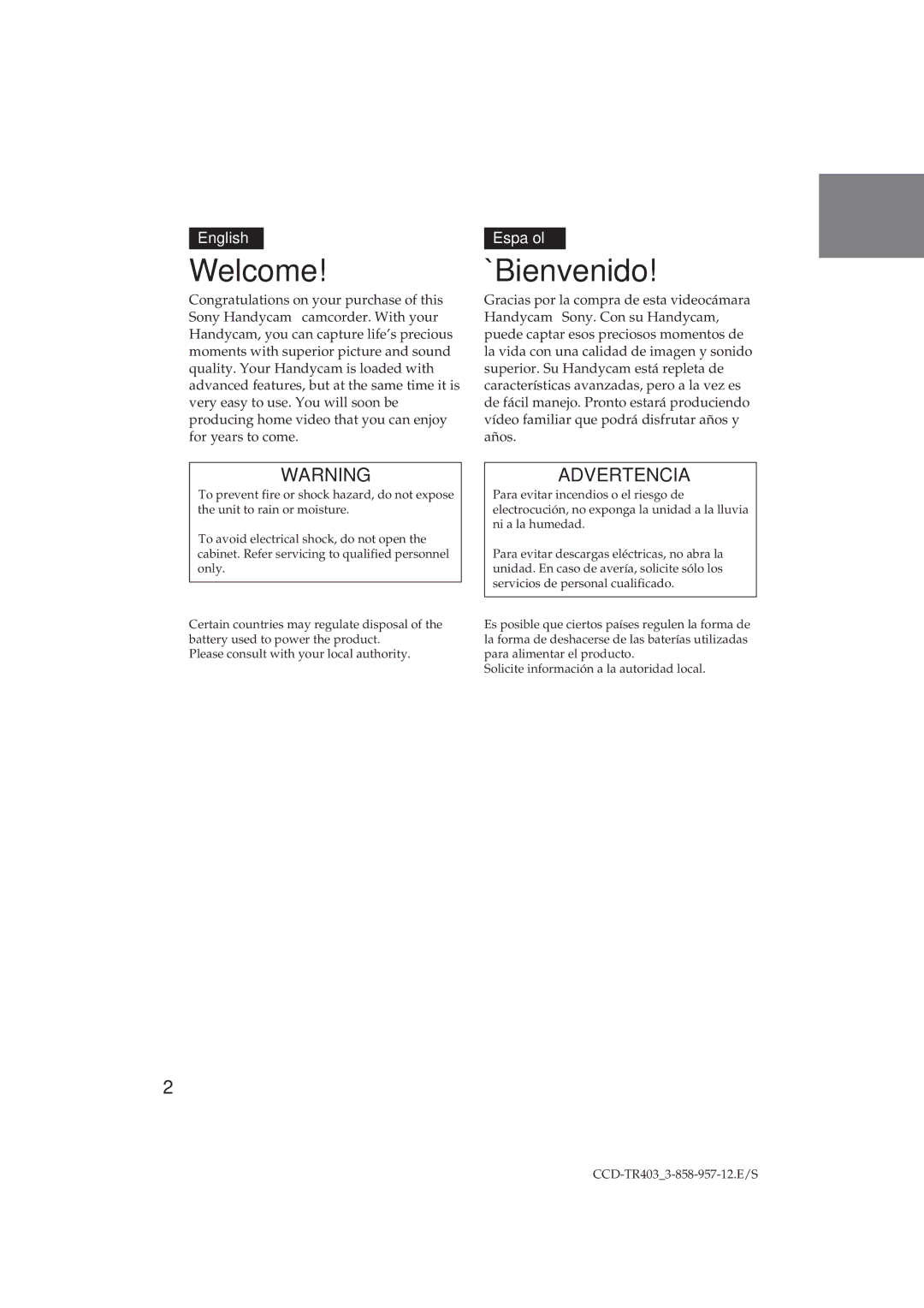 Sony CCD-TR403 operating instructions Welcome 