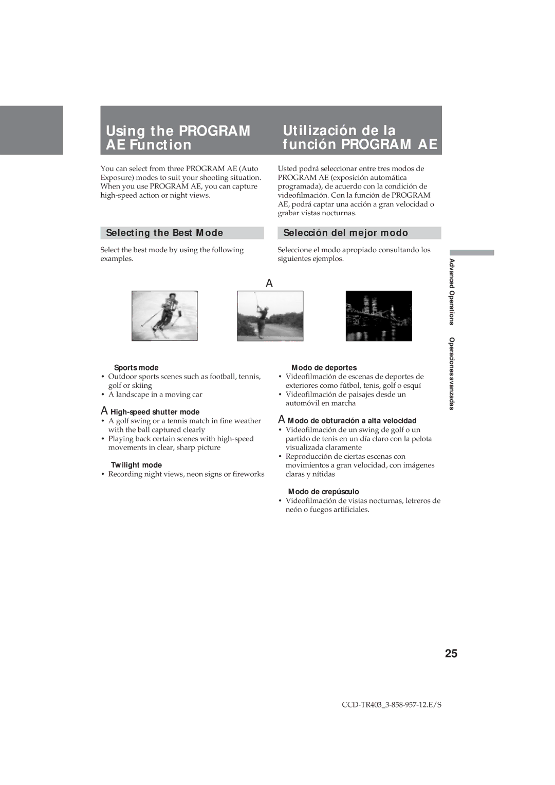 Sony CCD-TR403 operating instructions Selecting the Best Mode Selección del mejor modo 