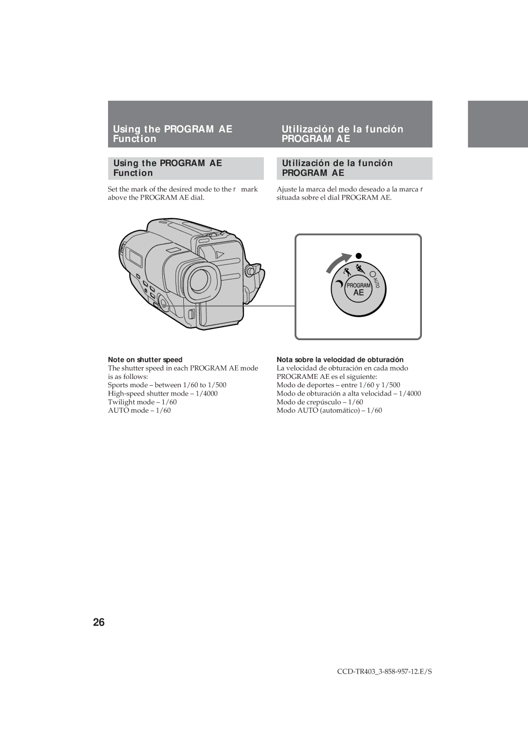 Sony CCD-TR403 operating instructions Using the Program AE Utilización de la función Function 