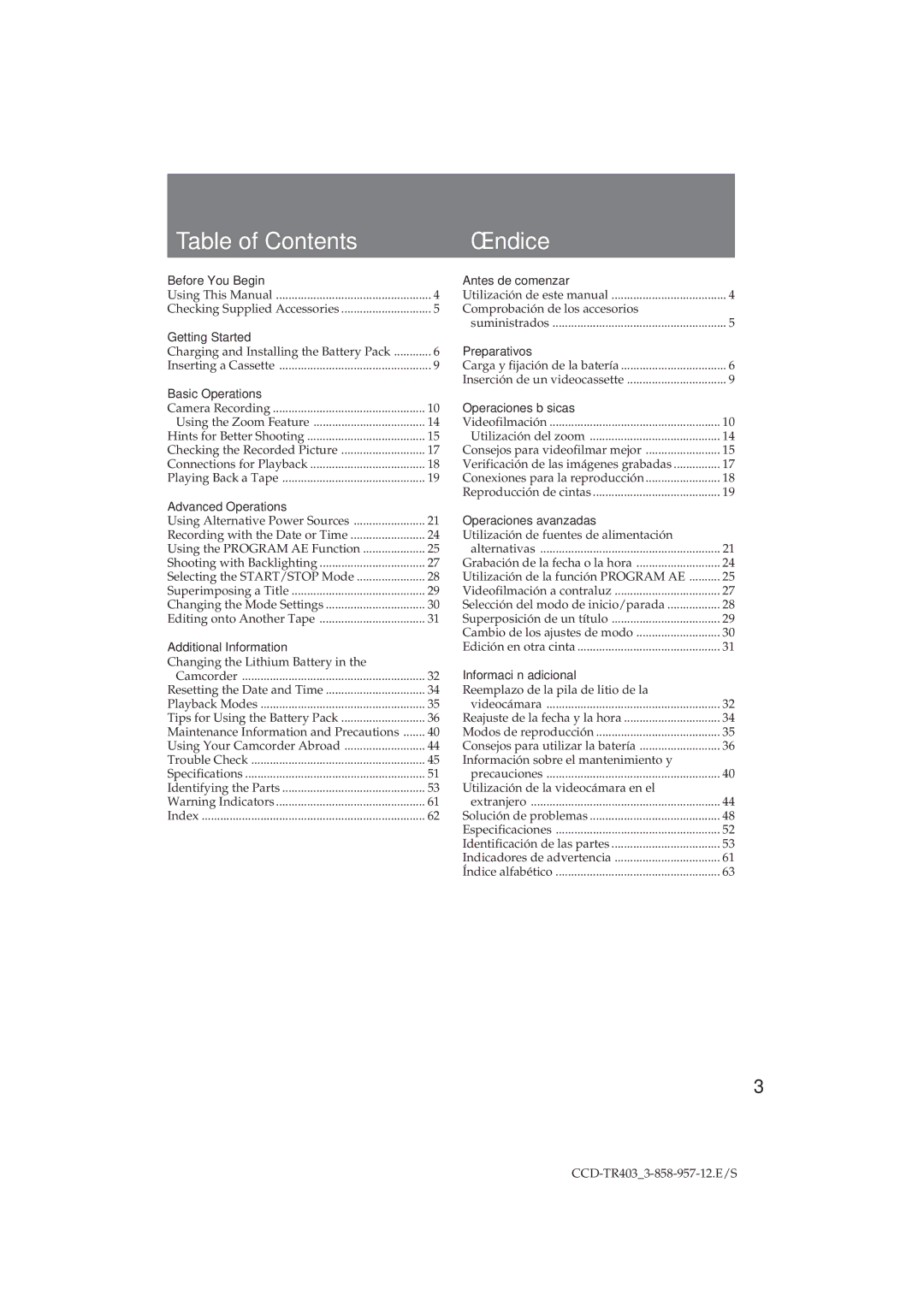 Sony CCD-TR403 operating instructions Table of Contents Índice 