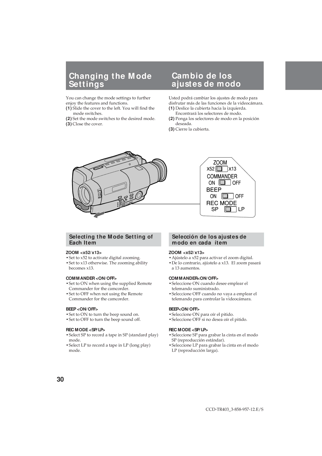 Sony CCD-TR403 Changing the Mode Cambio de los Settings Ajustes de modo, Selecting the Mode Setting of Each Item 