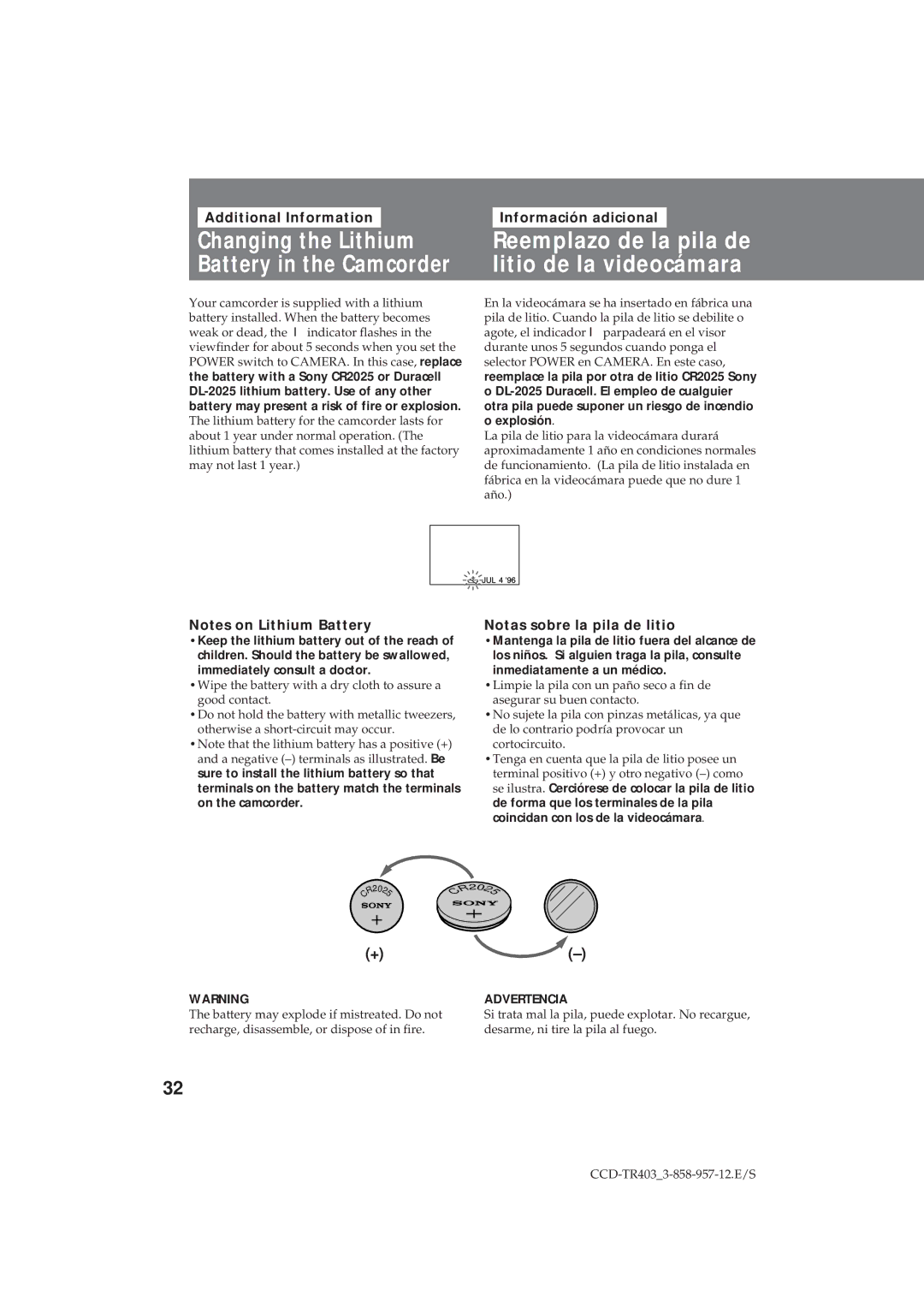 Sony CCD-TR403 Reemplazo de la pila de litio de la videocámara, Additional Information, Información adicional 