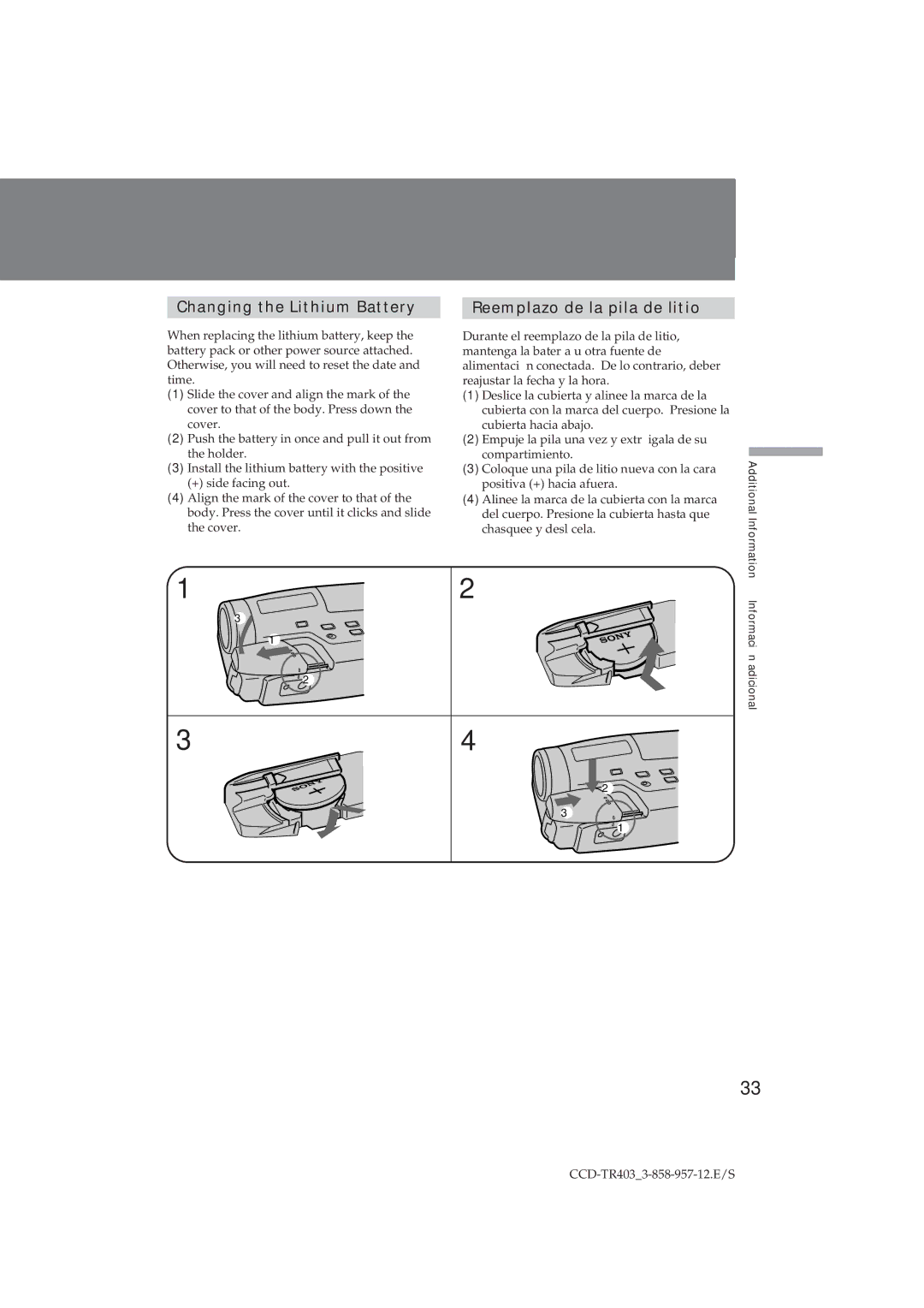 Sony CCD-TR403 operating instructions Changing the Lithium Battery, Reemplazo de la pila de litio 