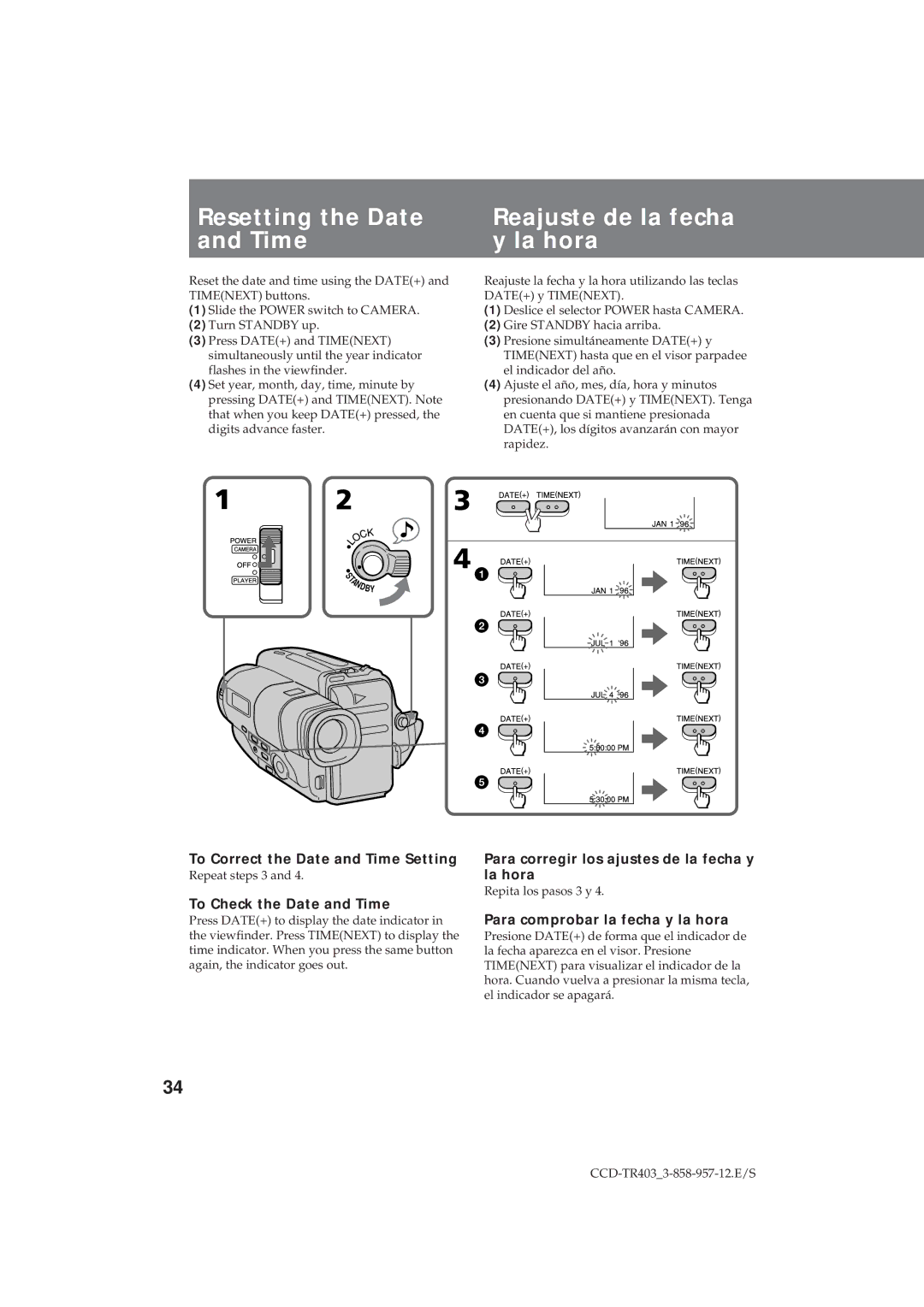 Sony CCD-TR403 Resetting the Date Reajuste de la fecha Time La hora, To Correct the Date and Time Setting 