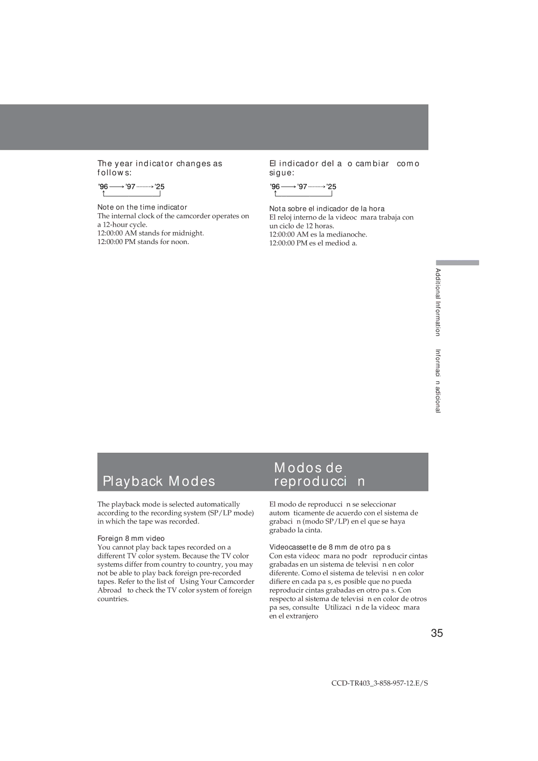 Sony CCD-TR403 Modos de, Playback Modes Reproducción, Nota sobre el indicador de la hora, Foreign 8 mm video 
