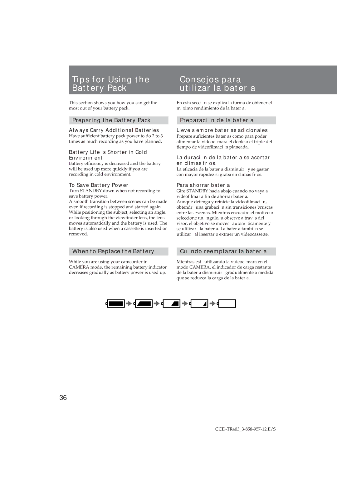 Sony CCD-TR403 operating instructions Preparing the Battery Pack, Preparación de la batería 