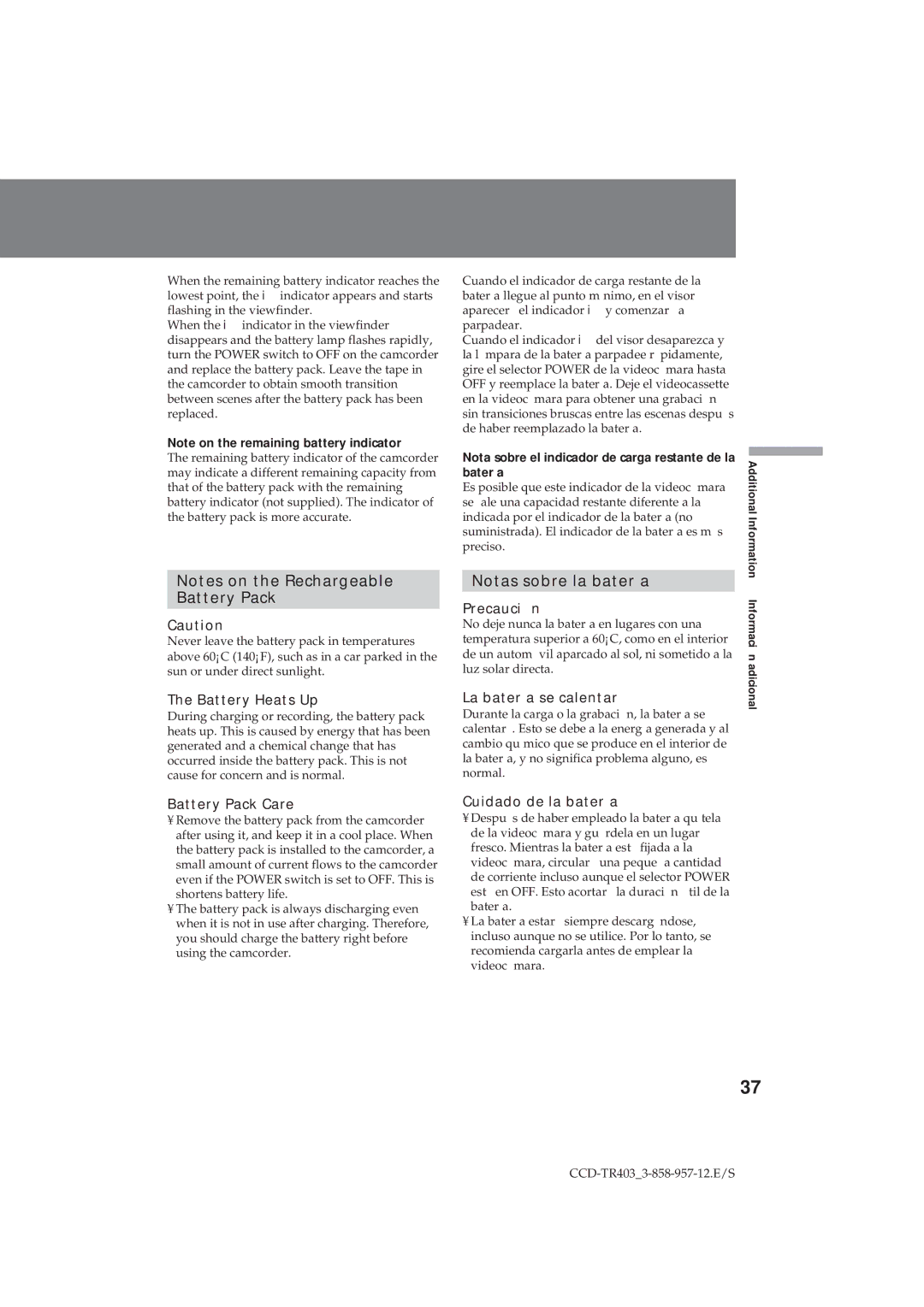Sony CCD-TR403 operating instructions Notas sobre la batería 