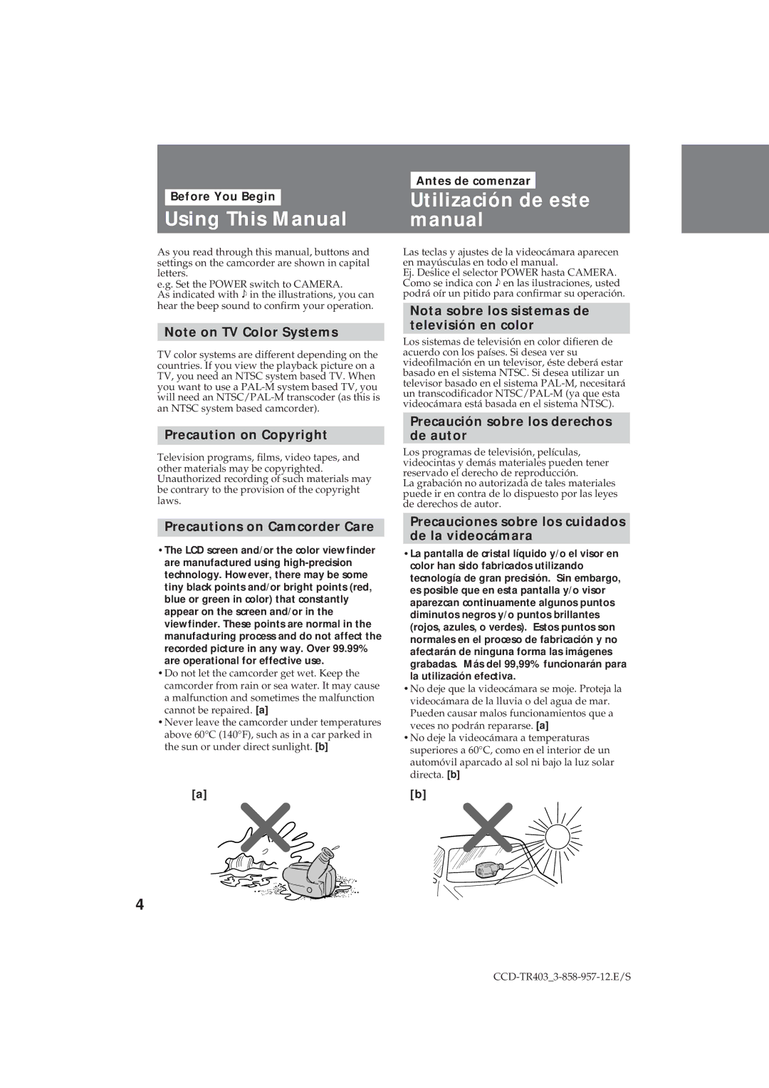 Sony CCD-TR403 operating instructions Utilización de este Using This Manual 