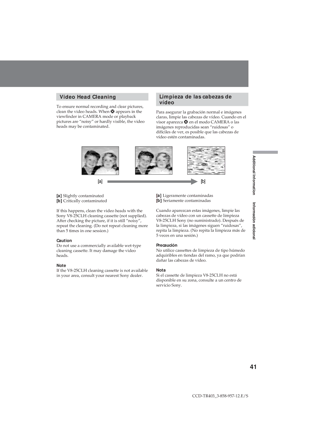 Sony CCD-TR403 operating instructions Video Head Cleaning, Limpieza de las cabezas de vídeo, Precaución 
