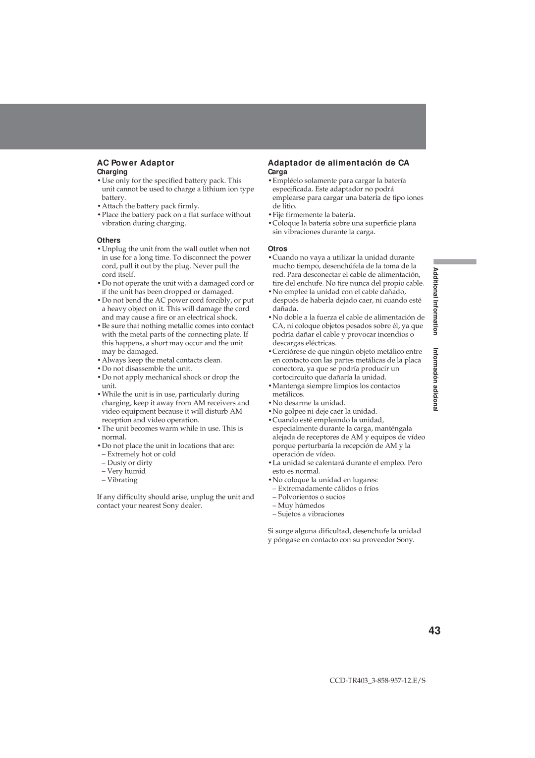 Sony CCD-TR403 operating instructions AC Power Adaptor, Adaptador de alimentación de CA 