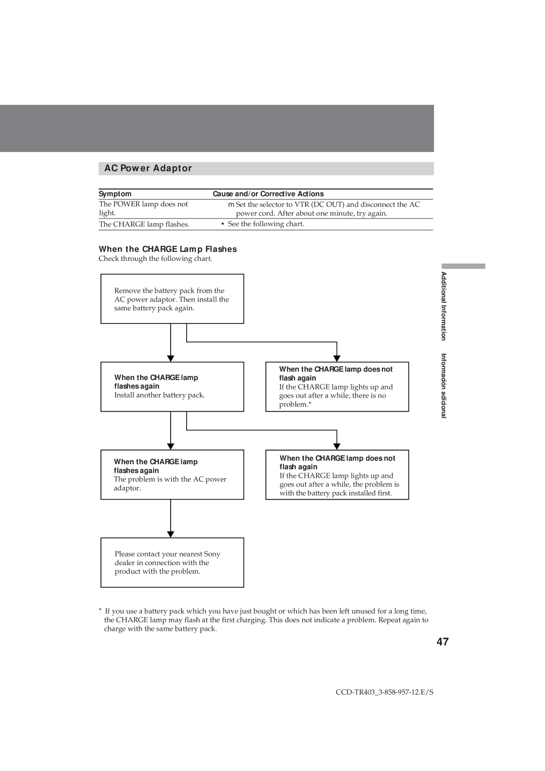 Sony CCD-TR403 operating instructions AC Power Adaptor, When the Charge Lamp Flashes 
