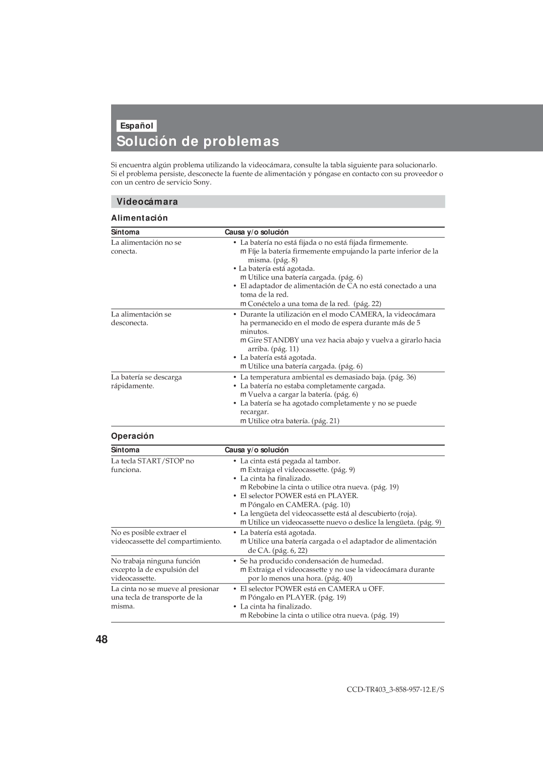 Sony CCD-TR403 operating instructions Solución de problemas, Videocámara, Español, Alimentación, Operación 