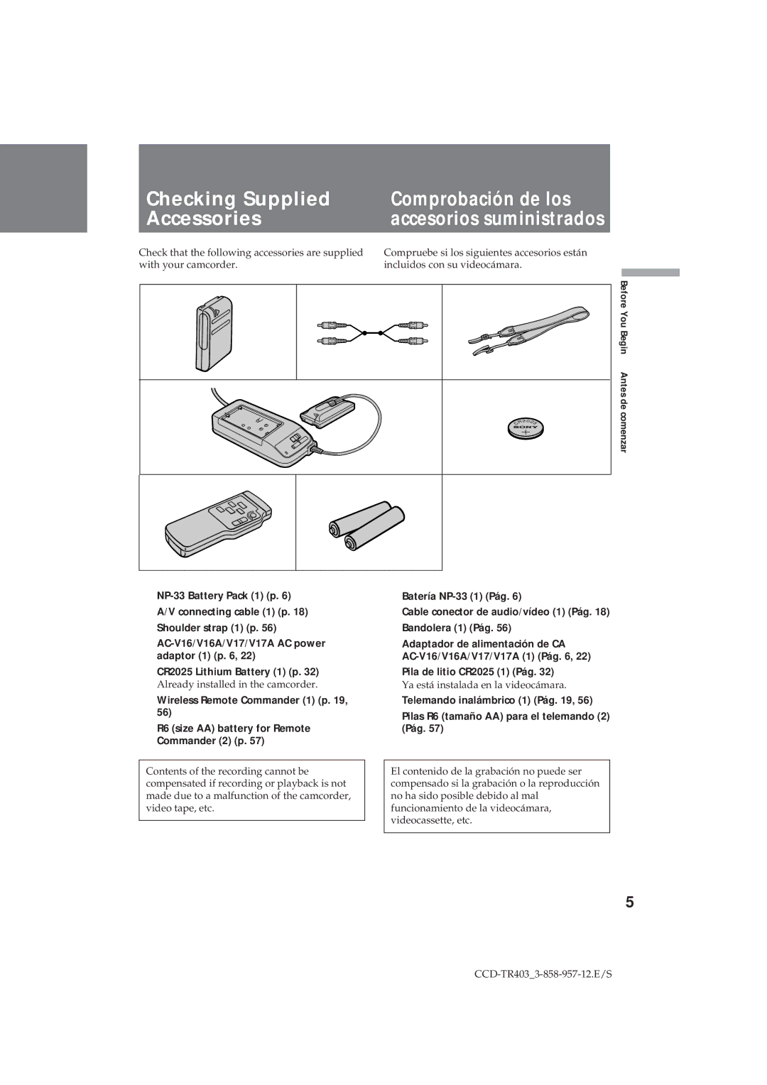 Sony CCD-TR403 operating instructions Checking Supplied Comprobación de los Accessories, Wireless Remote Commander 1 p 