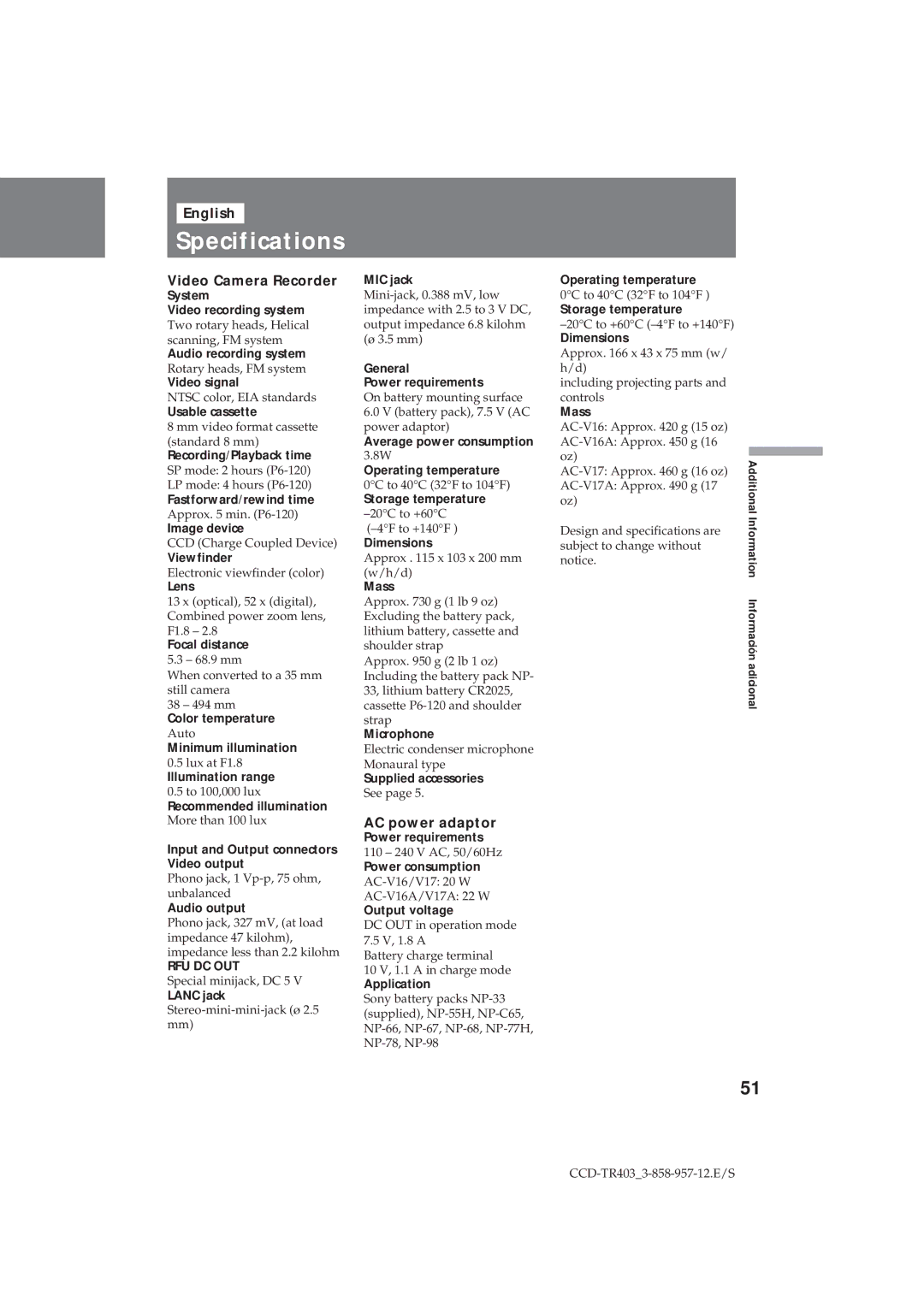 Sony CCD-TR403 operating instructions Specifications, Video Camera Recorder 