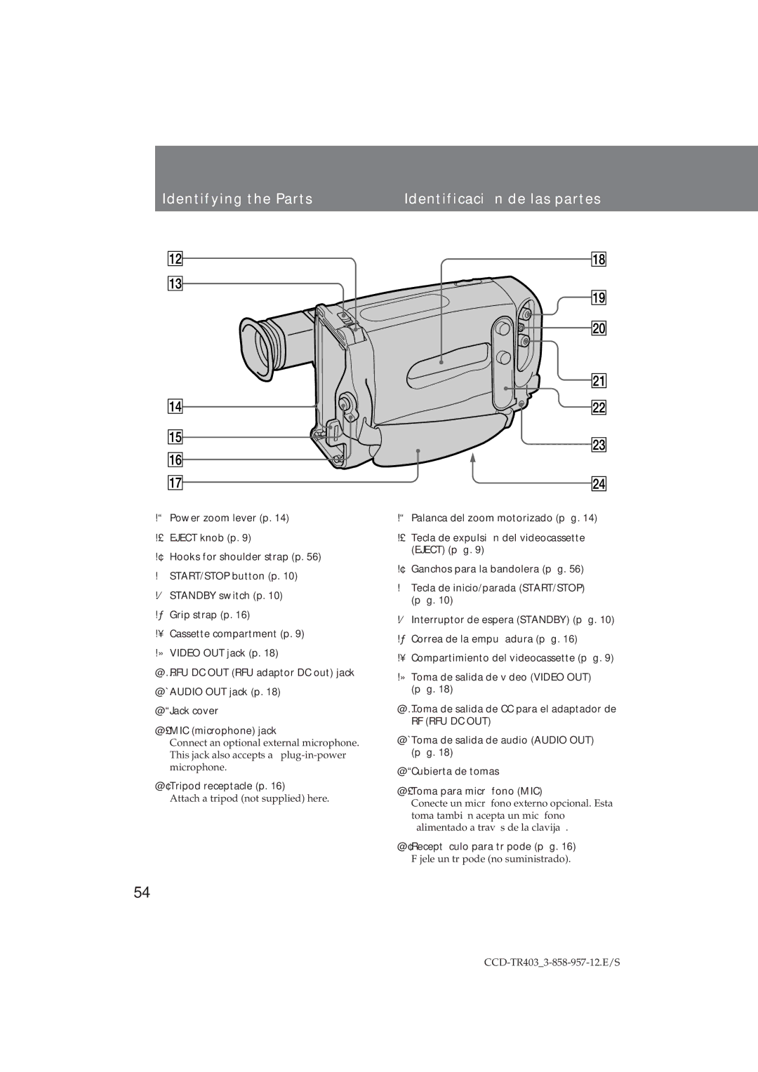 Sony CCD-TR403 operating instructions Identifying the Parts Identificación de las partes, @¢ Tripod receptacle p 