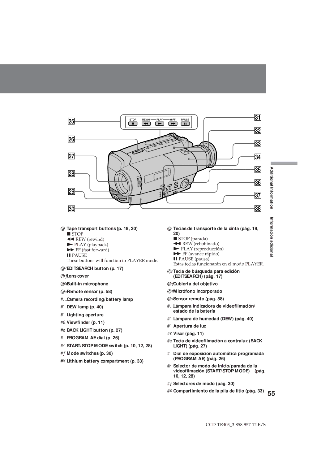 Sony CCD-TR403 operating instructions @Tape transport buttons p, @¤EDITSEARCH button p @Lens cover 