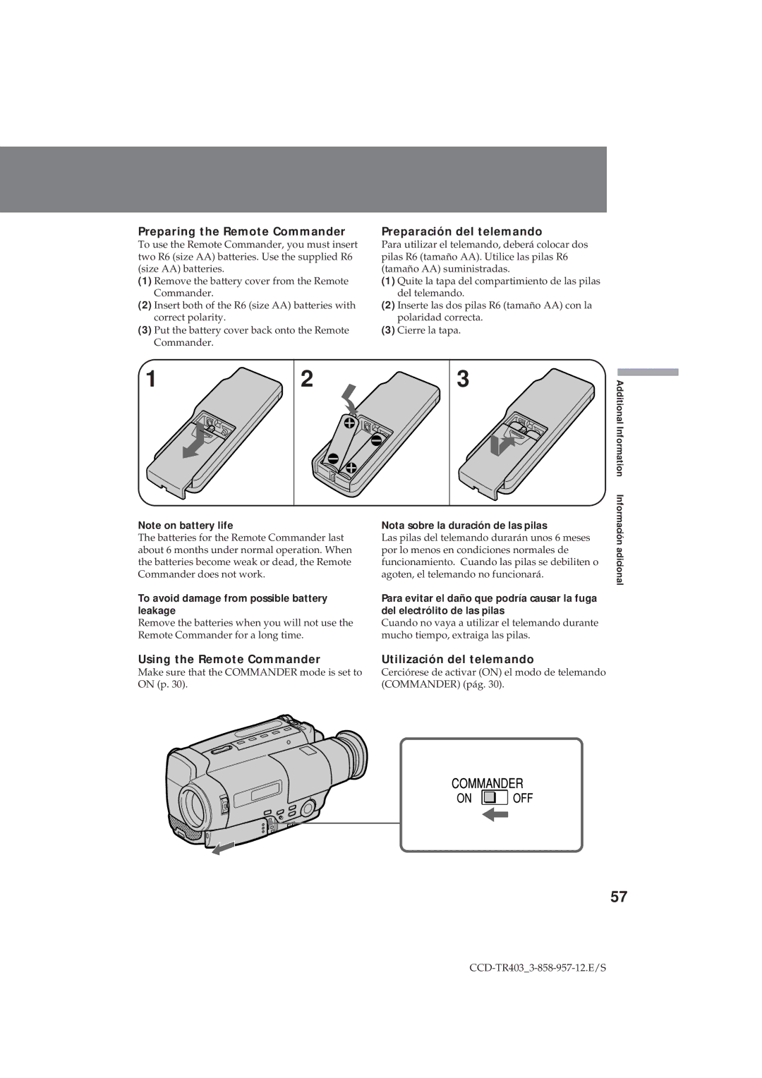 Sony CCD-TR403 Preparing the Remote Commander, Preparación del telemando, To avoid damage from possible battery leakage 