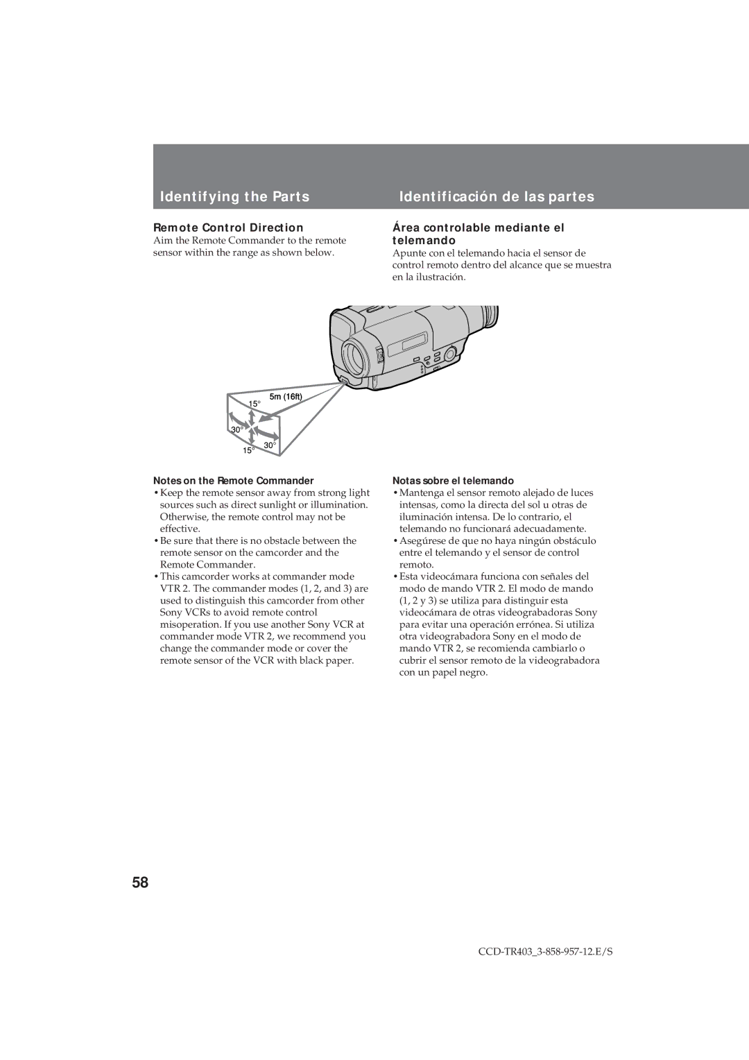 Sony CCD-TR403 Remote Control Direction Área controlable mediante el, Telemando, Notas sobre el telemando 