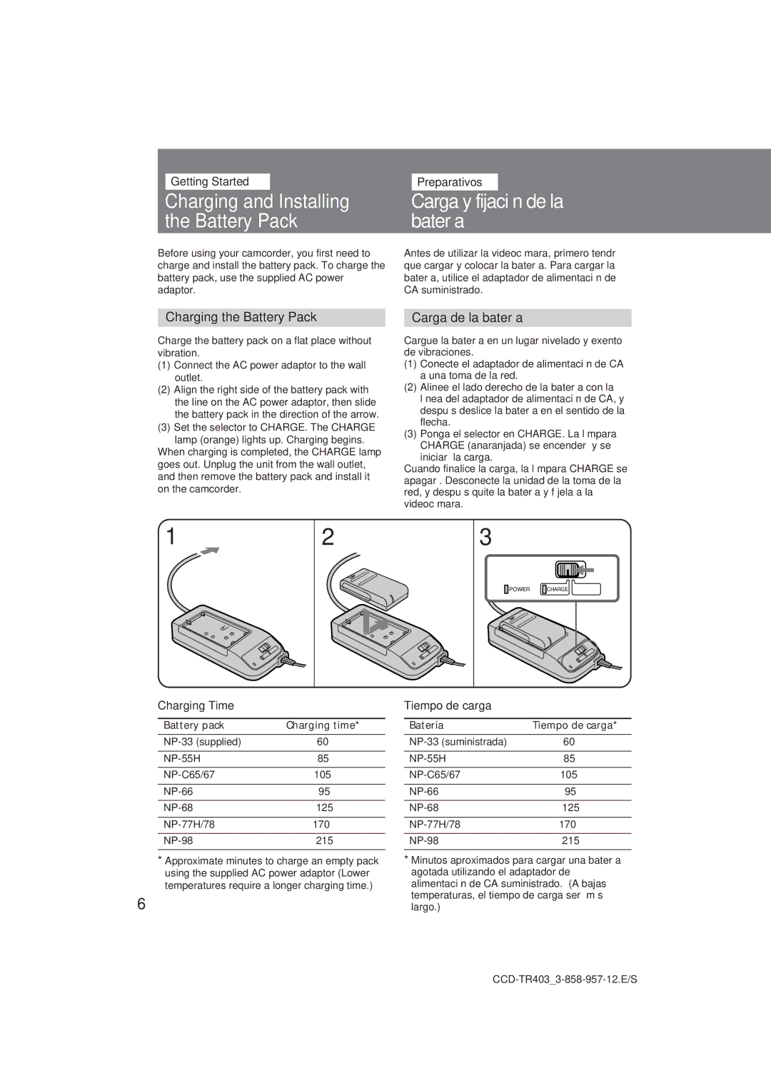 Sony CCD-TR403 Charging the Battery Pack Carga de la batería, Charging Time, Tiempo de carga, Battery pack Charging time 