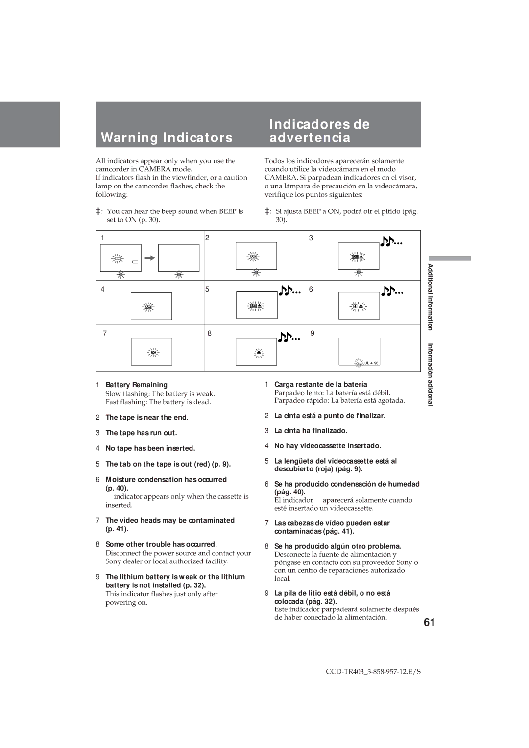 Sony CCD-TR403 operating instructions Indicadores de, Advertencia, Battery Remaining, Carga restante de la batería 