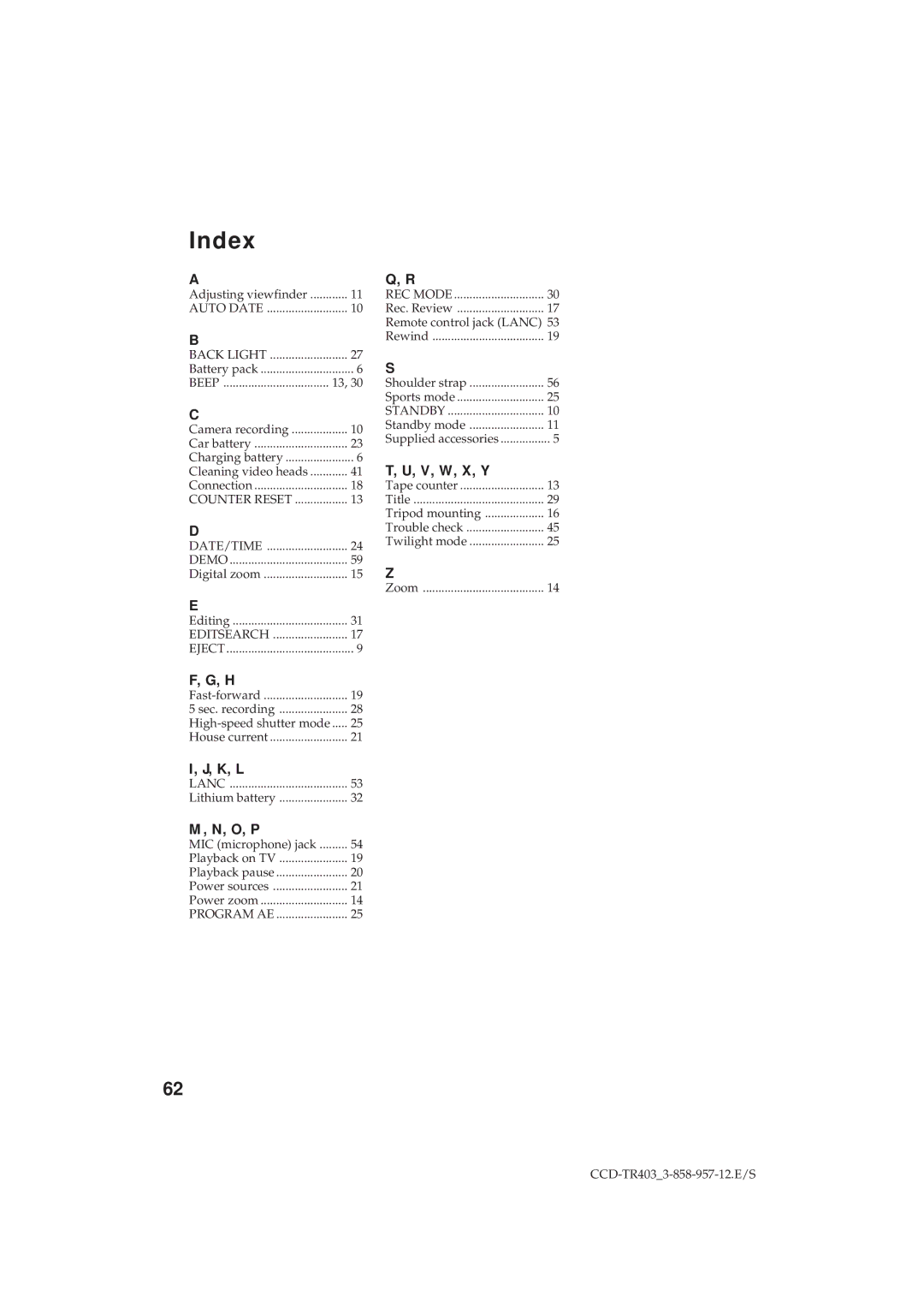 Sony CCD-TR403 operating instructions K, L, O, P, V, W, X, Y 