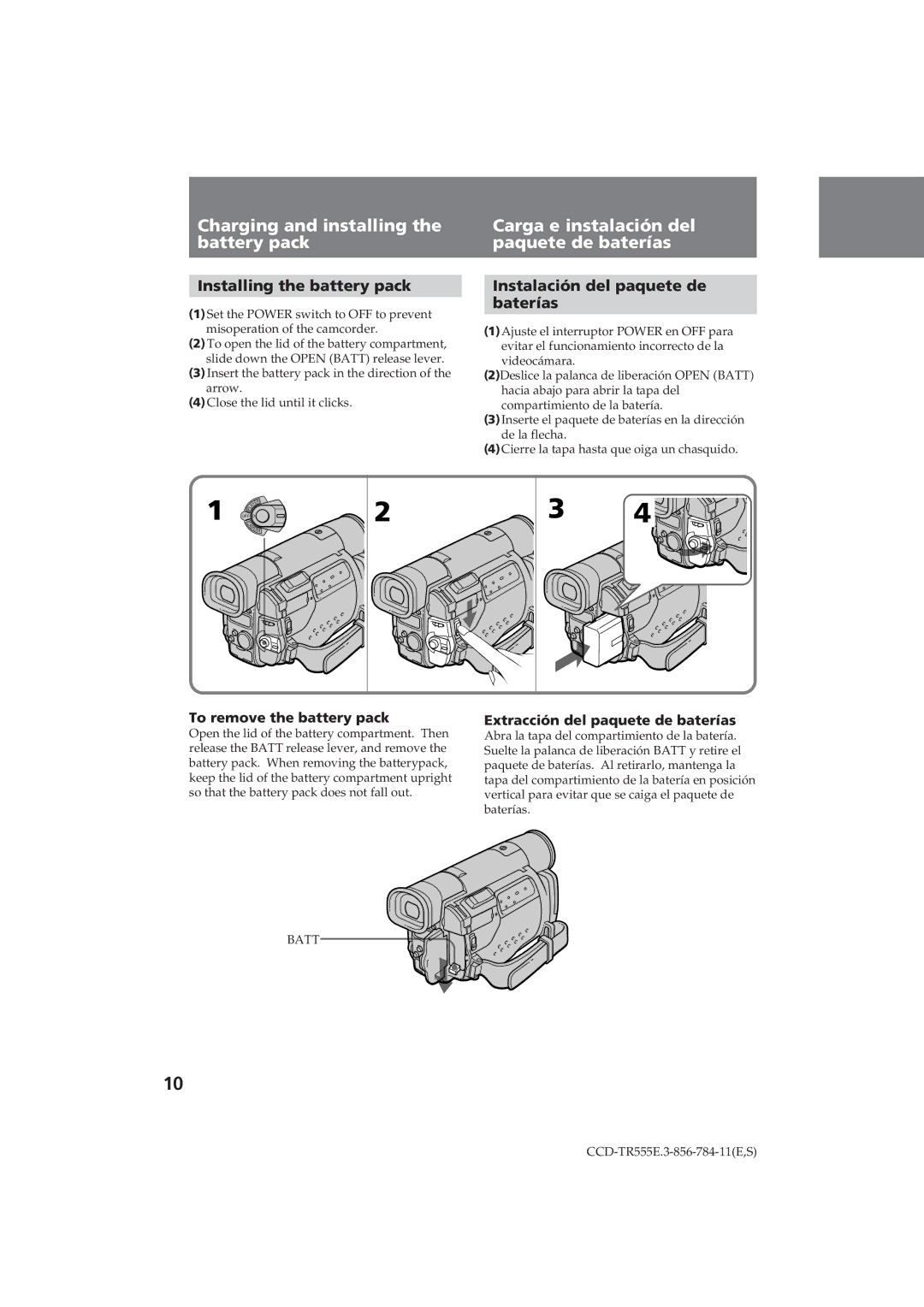 Sony CCD-TR555E Installing the battery pack, Instalación del paquete de Baterías, Extracción del paquete de baterías 