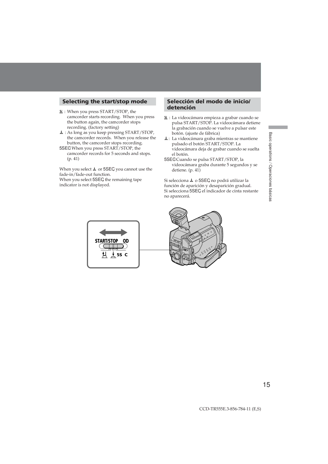 Sony CCD-TR555E operating instructions Selecting the start/stop mode, Selección del modo de inicio Detención 