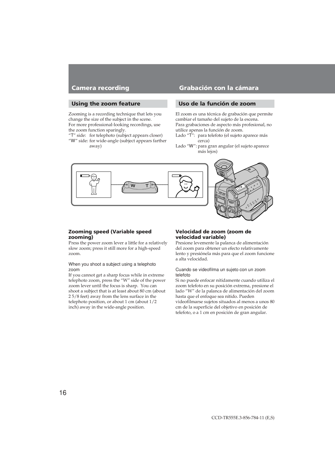 Sony CCD-TR555E Using the zoom feature Uso de la función de zoom, Zooming speed Variable speed zooming 