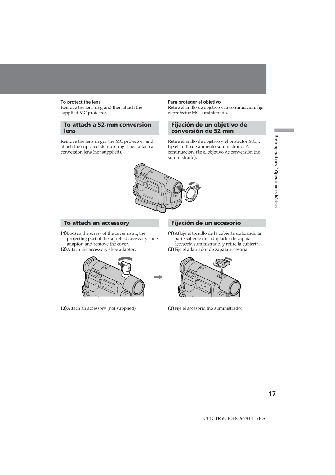Sony CCD-TR555E To attach a 52-mm conversion Lens, To attach an accessory, Fijación de un objetivo de Conversión de 52 mm 