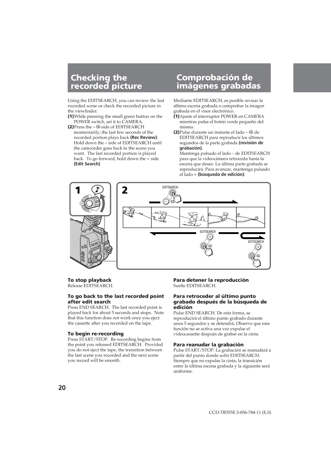 Sony CCD-TR555E operating instructions Checking Comprobación de Recorded picture Imágenes grabadas 