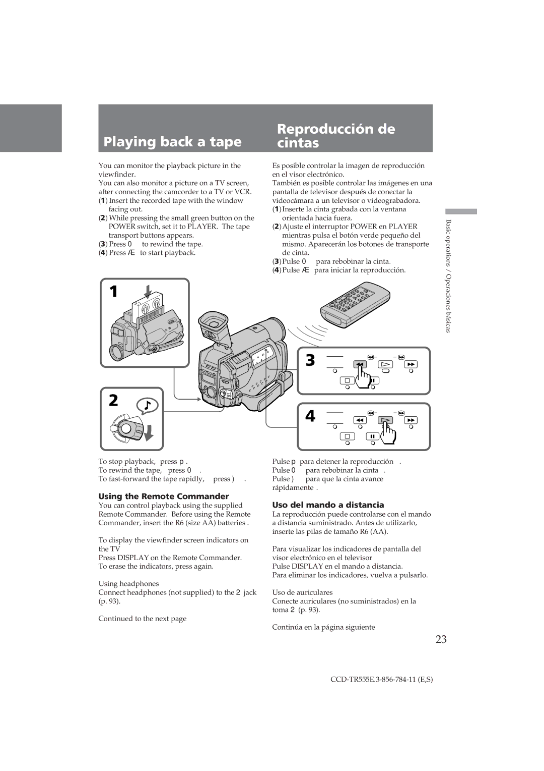 Sony CCD-TR555E Playing back a tape, Reproducción de cintas, Using the Remote Commander, Uso del mando a distancia 