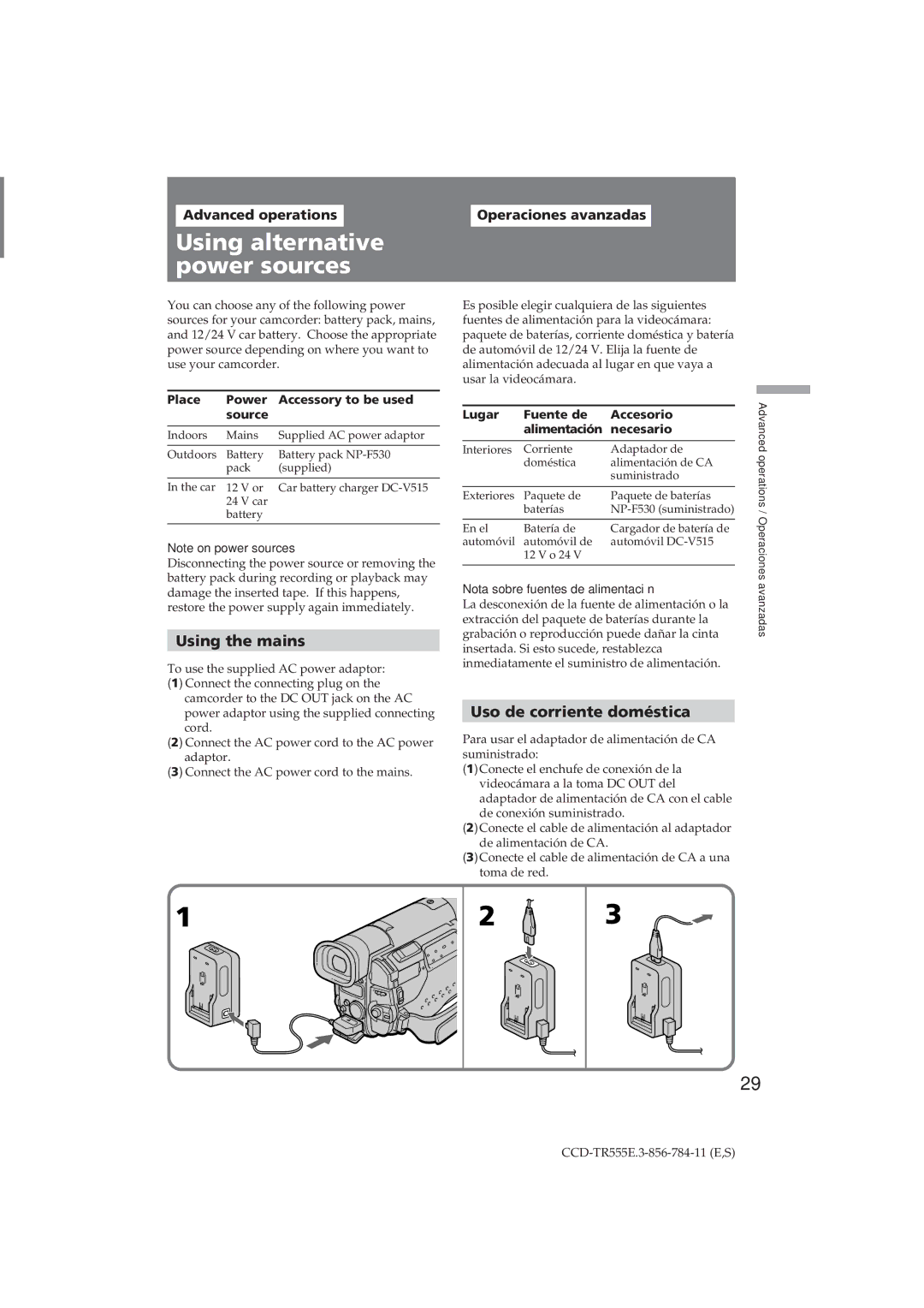 Sony CCD-TR555E Using alternative Uso de fuentes de Power sources, Using the mains, Uso de corriente doméstica 