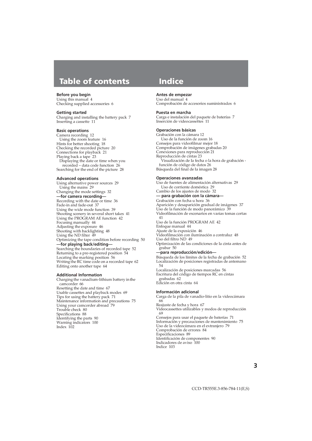 Sony CCD-TR555E operating instructions Table of contents, Indice 