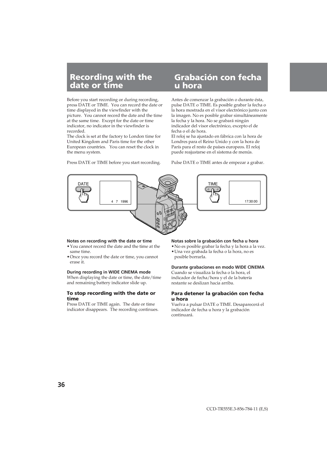 Sony CCD-TR555E Recording with Grabación con fecha Date or time Hora, To stop recording with the date or time 