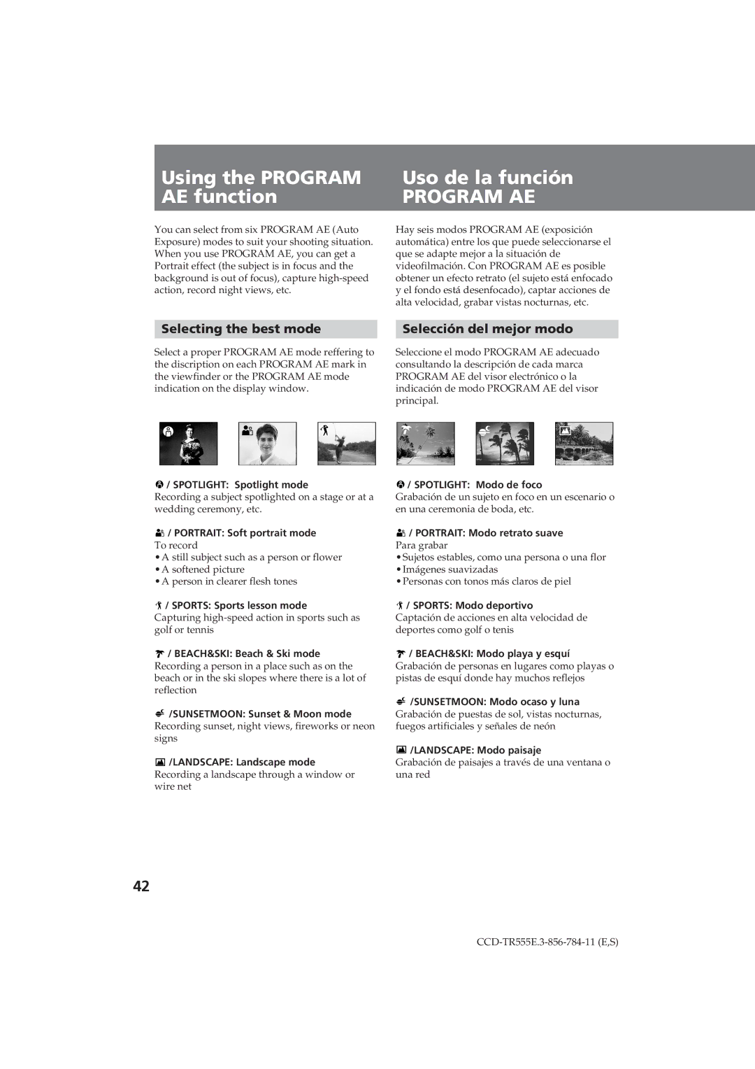 Sony CCD-TR555E Using the Program Uso de la función AE function, Selecting the best mode Selección del mejor modo 