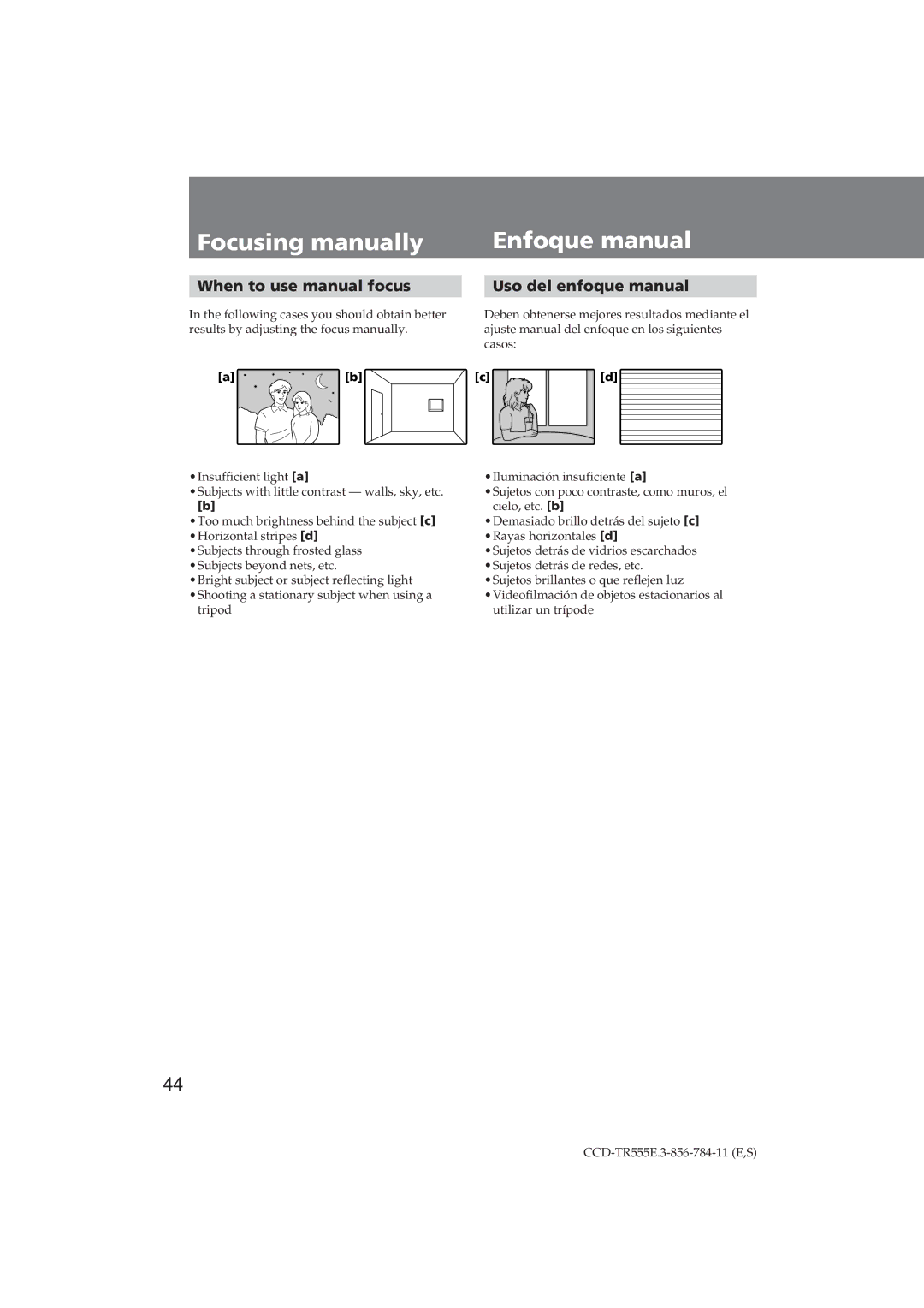 Sony CCD-TR555E operating instructions Focusing manually Enfoque manual, When to use manual focus, Uso del enfoque manual 