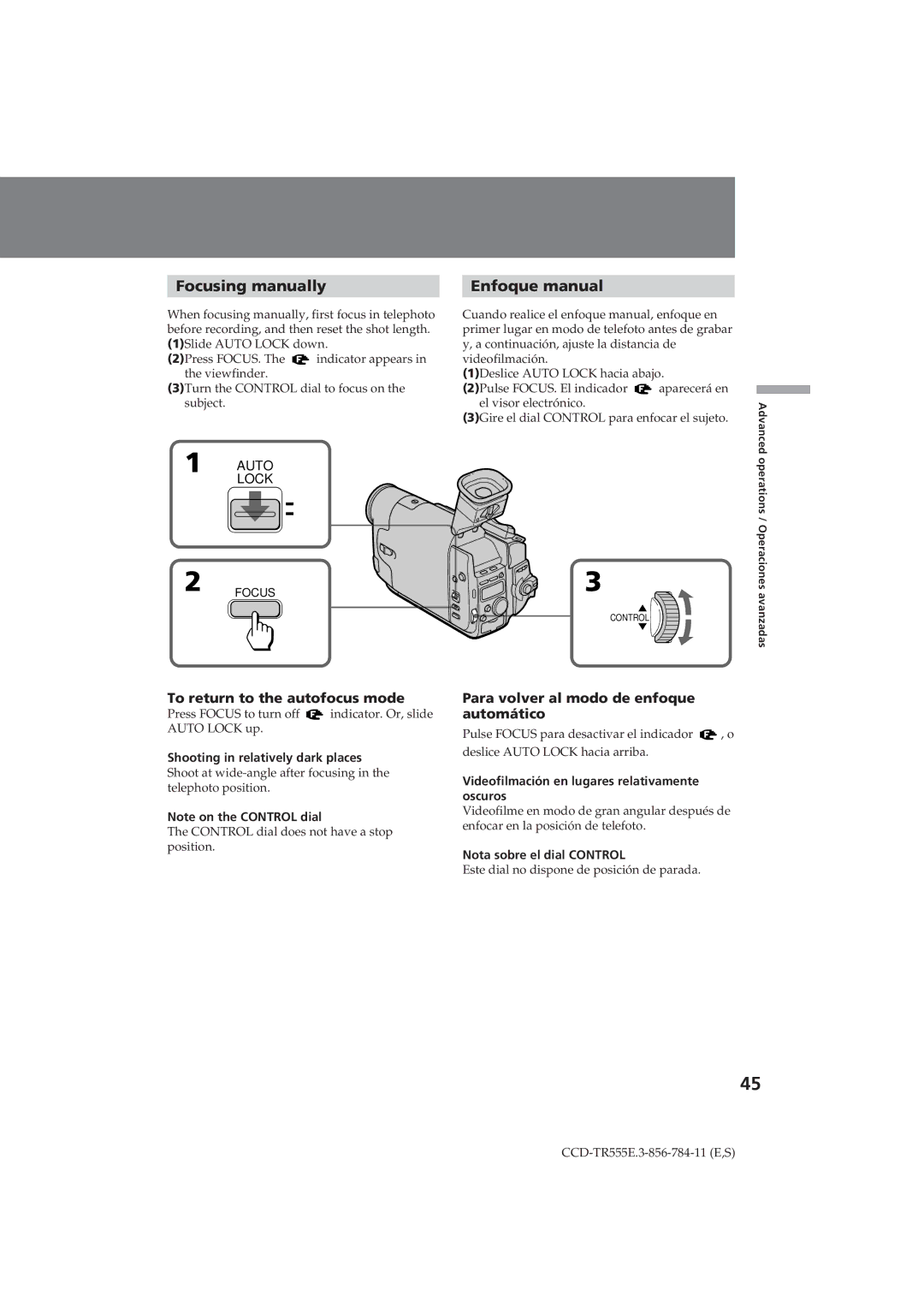 Sony CCD-TR555E operating instructions Focusing manually, Enfoque manual, To return to the autofocus mode 