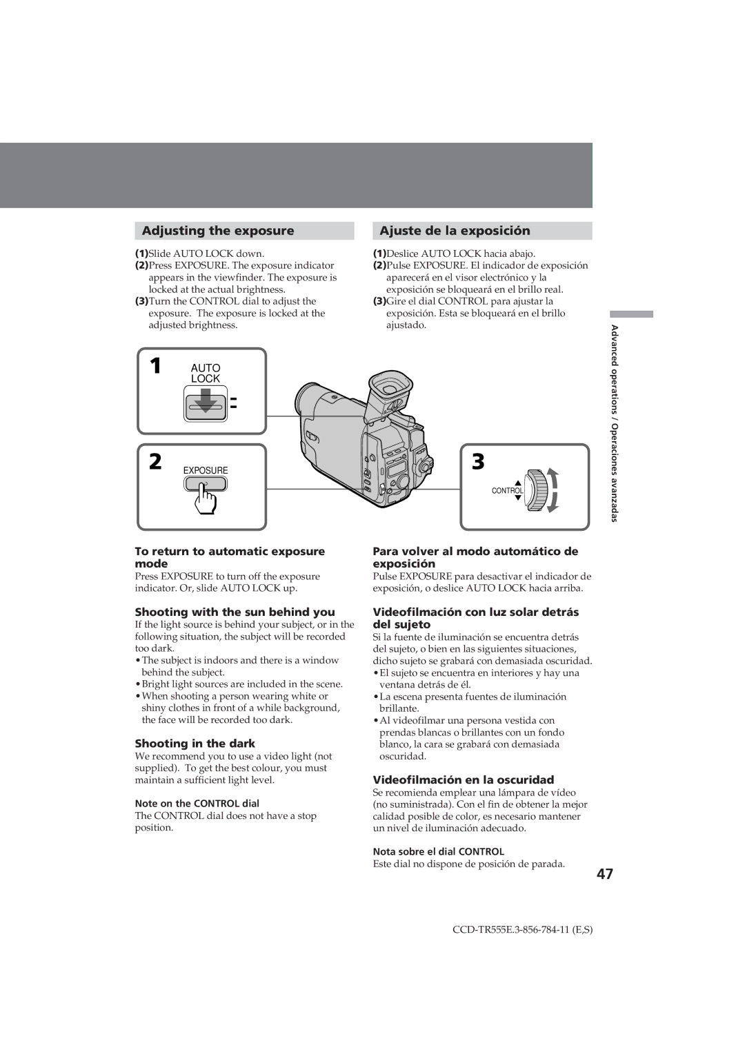 Sony CCD-TR555E operating instructions Adjusting the exposure, Ajuste de la exposición 