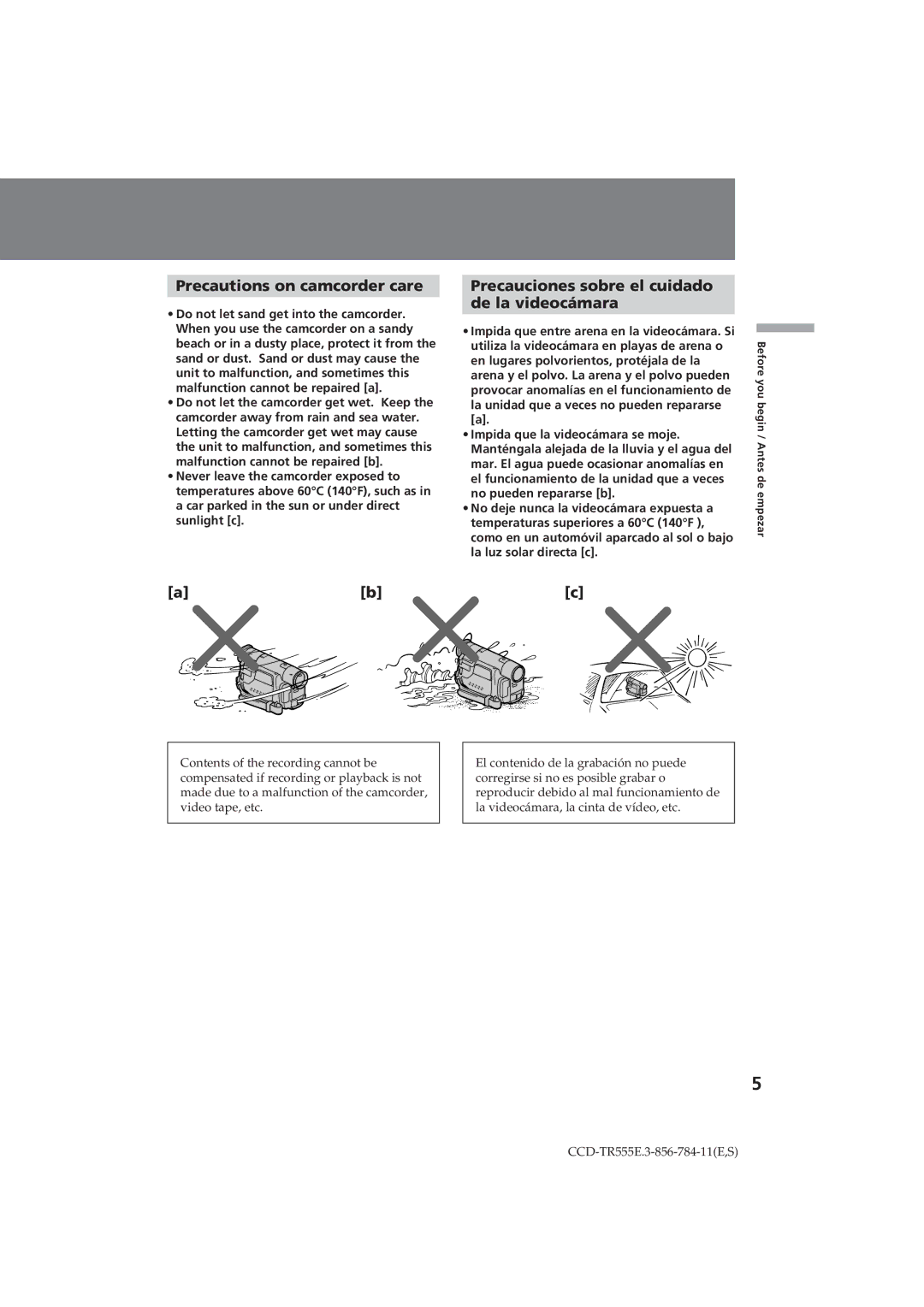 Sony CCD-TR555E operating instructions Precautions on camcorder care, Precauciones sobre el cuidado De la videocámara 