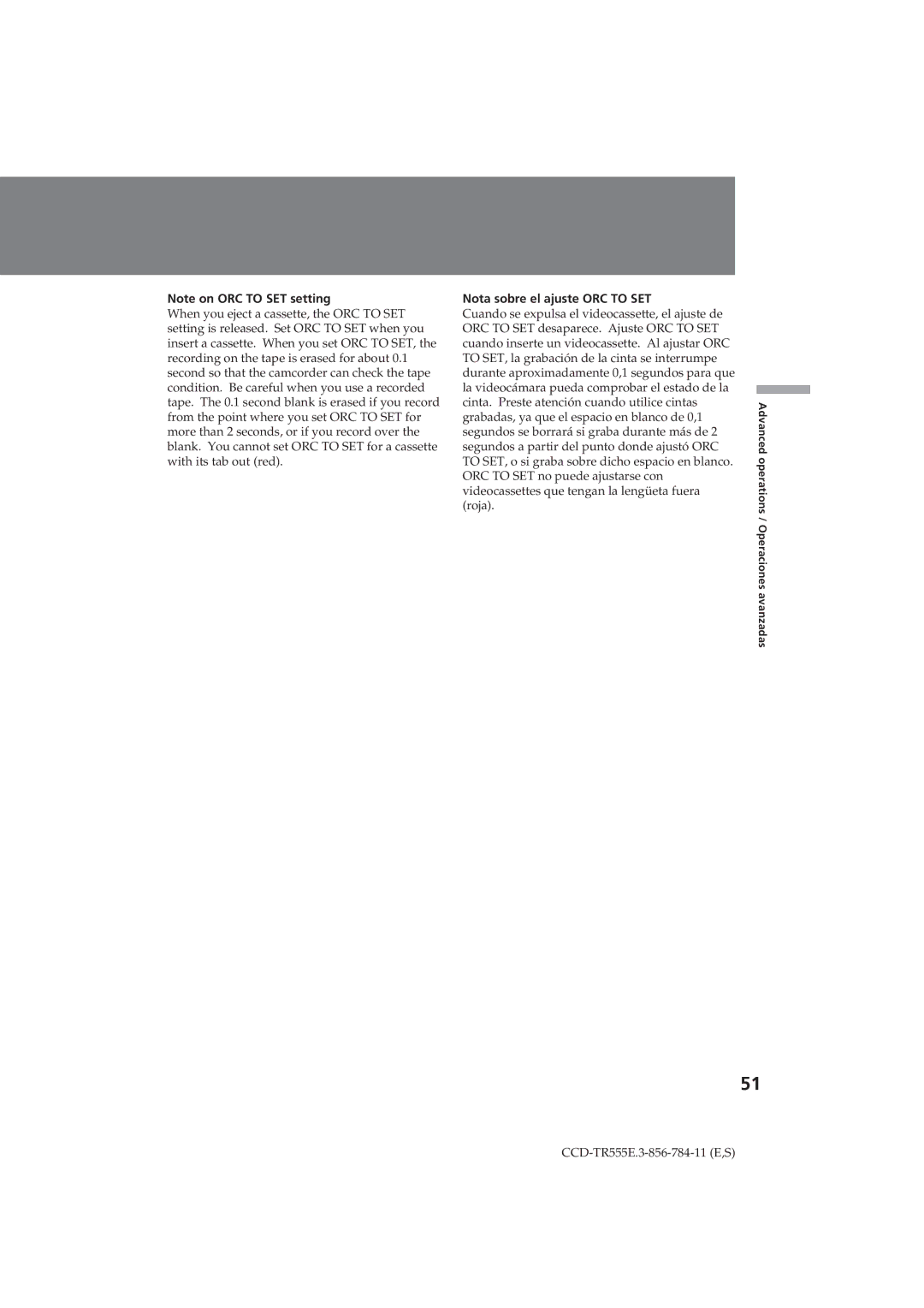 Sony CCD-TR555E operating instructions Nota sobre el ajuste ORC to SET 