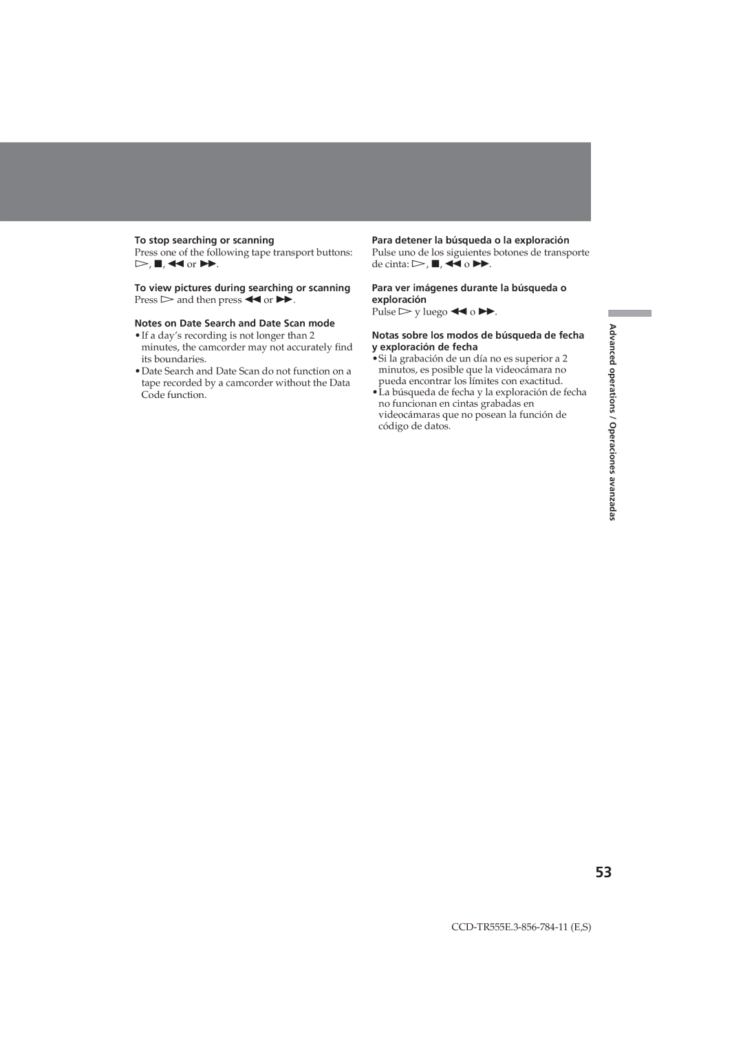 Sony CCD-TR555E operating instructions To stop searching or scanning 