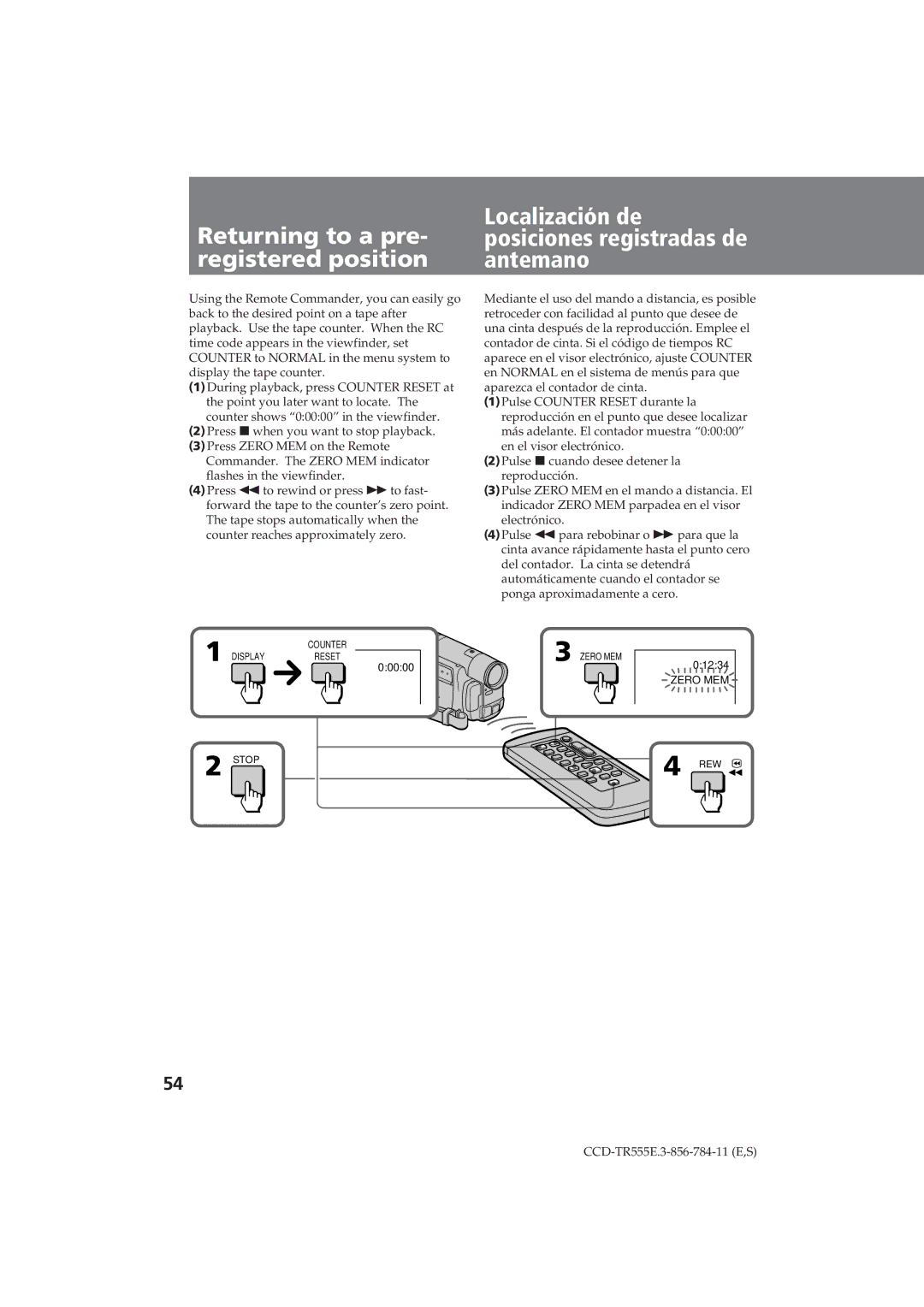 Sony CCD-TR555E Returning to a pre- registered position, Localización de posiciones registradas de antemano 