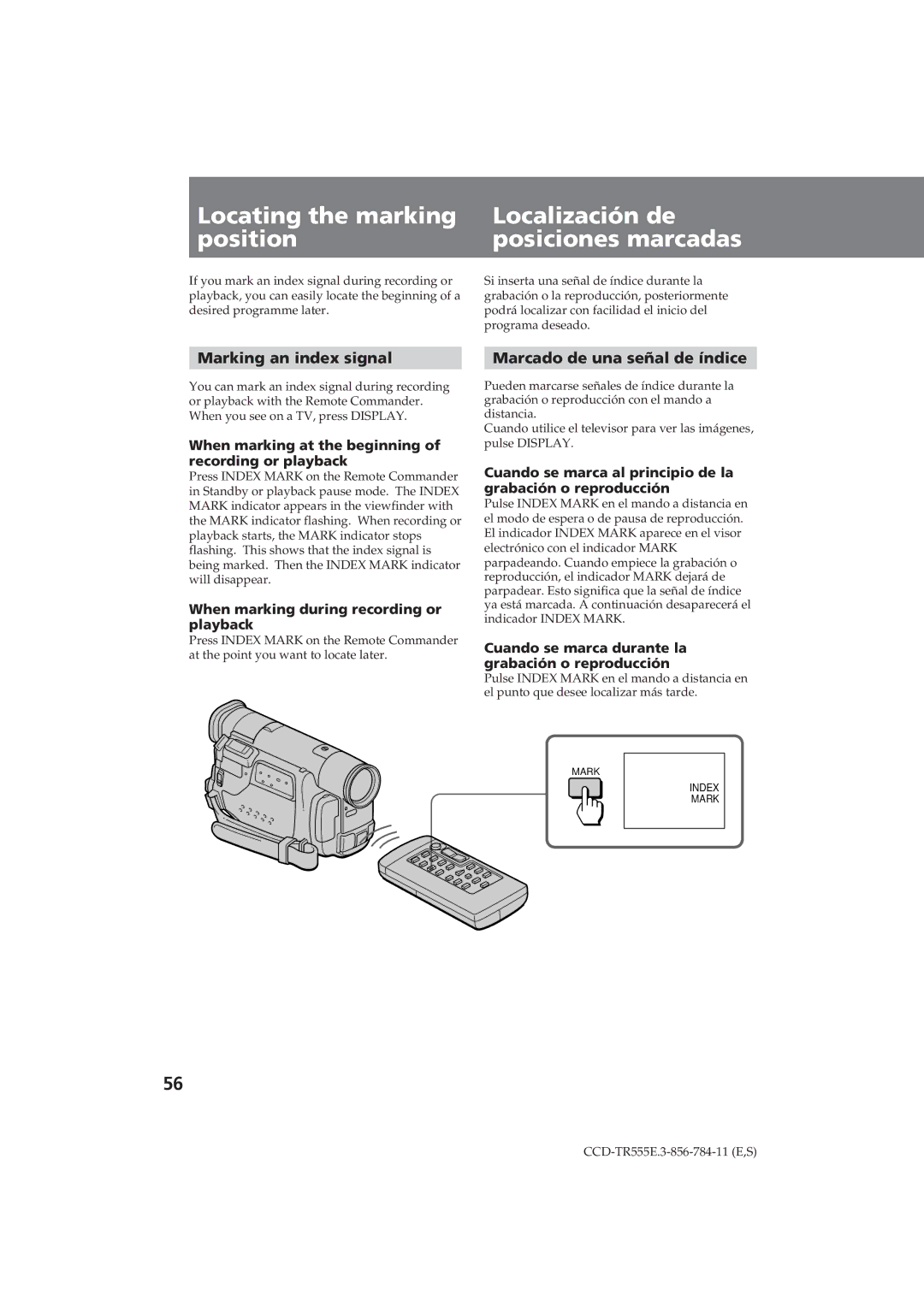 Sony CCD-TR555E Marking an index signal Marcado de una señal de índice, When marking during recording or playback 