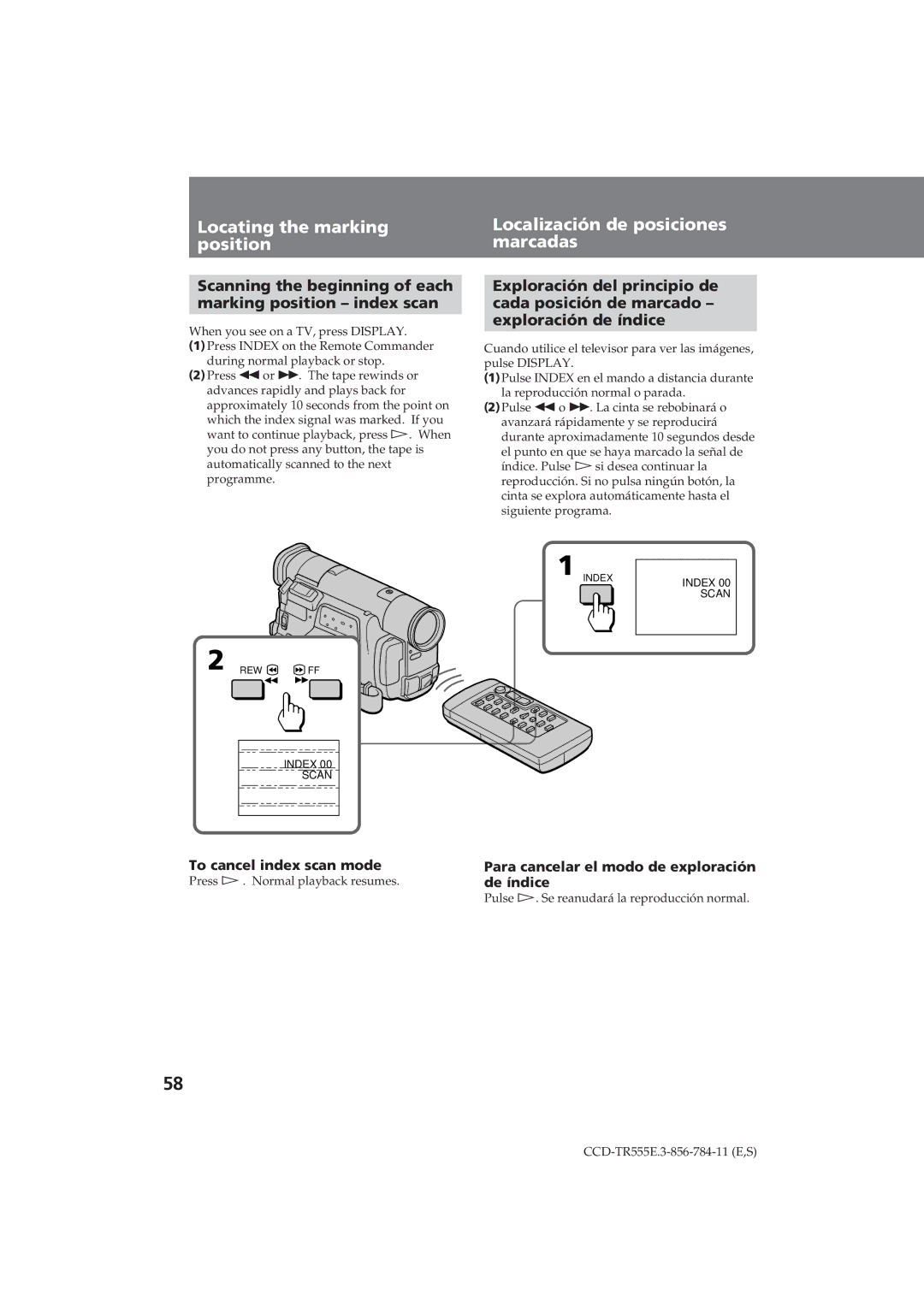 Sony CCD-TR555E operating instructions Locating the marking position, Localización de posiciones marcadas, De índice 