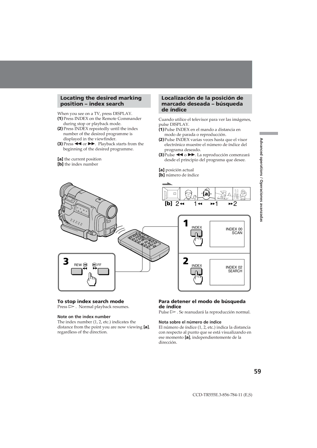 Sony CCD-TR555E operating instructions Locating the desired marking Position index search, To stop index search mode 