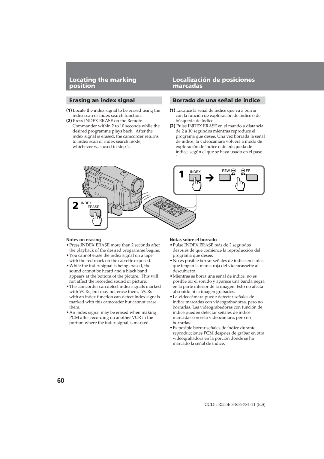 Sony CCD-TR555E operating instructions Erasing an index signal, Borrado de una señal de índice, Notas sobre el borrado 