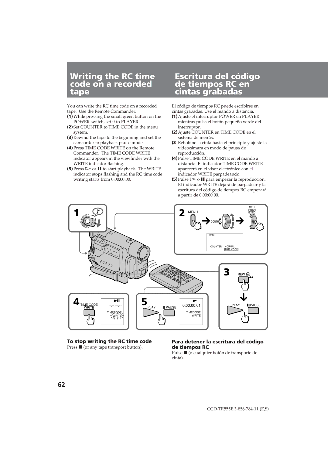 Sony CCD-TR555E Writing the RC time code on a recorded tape, Escritura del código de tiempos RC en cintas grabadas 