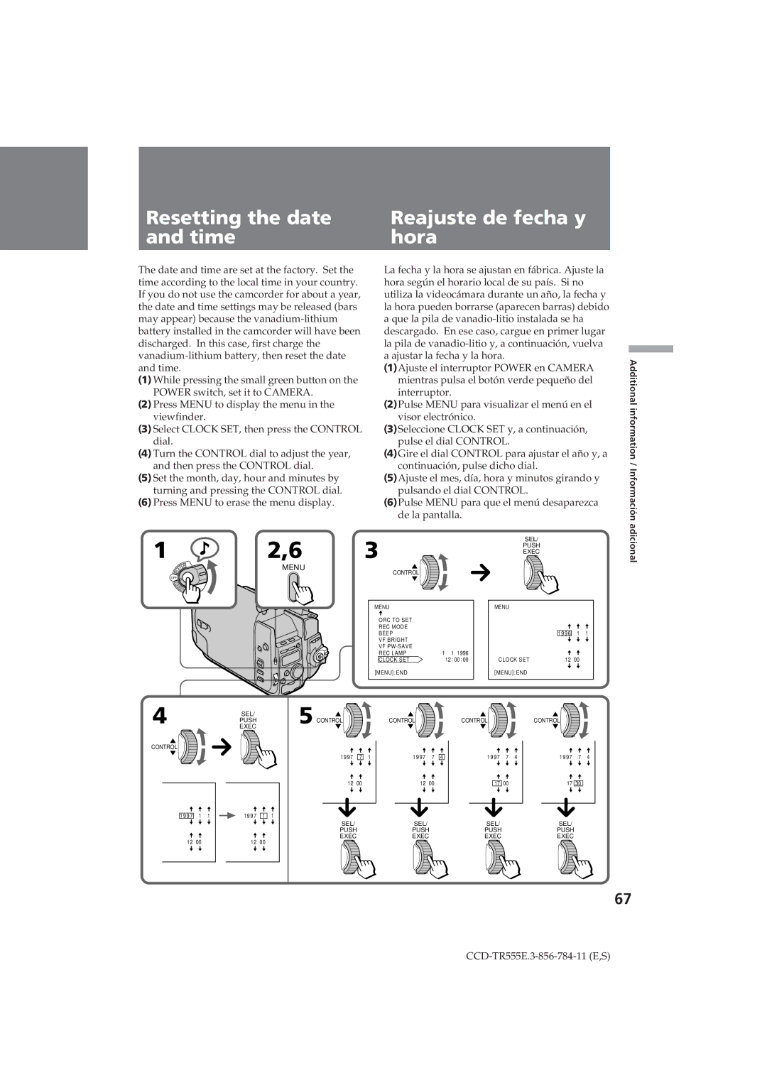 Sony CCD-TR555E Resetting the date Reajuste de fecha y Time Hora, Additional information / Información 
